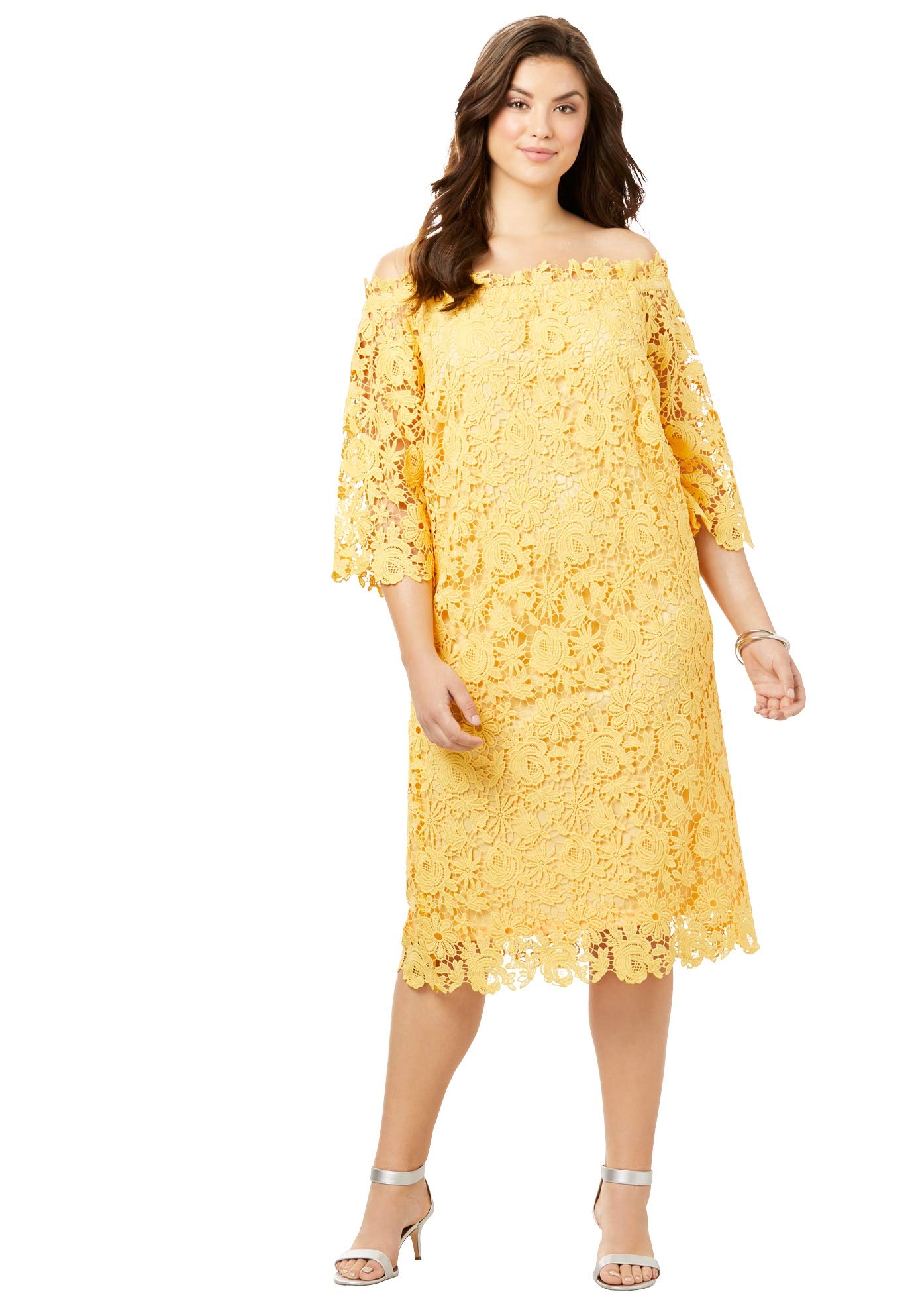 Roamans Women's Plus Size Off-The-Shoulder Lace Dress for Wedding, Party & Special Occasions | Elegant Floral Embroidery Summer Dress