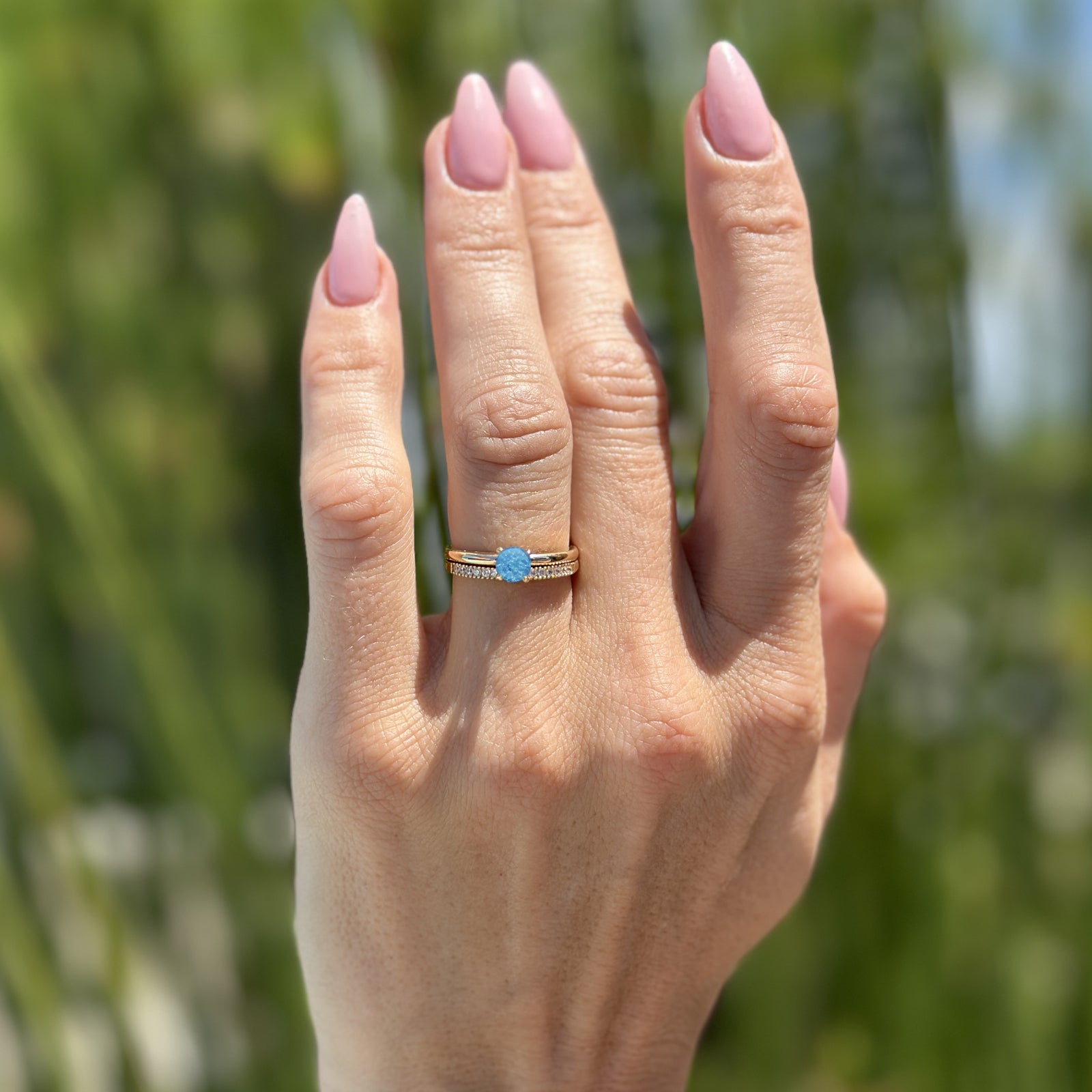 14K Yellow Gold Two-Piece Round Solitaire Half Eternity Band - Lab-Created Blue Opal Bridal Ring Set for Wedding, Engagement & Anniversary Gifts | Elegant Stackable Rings for Women