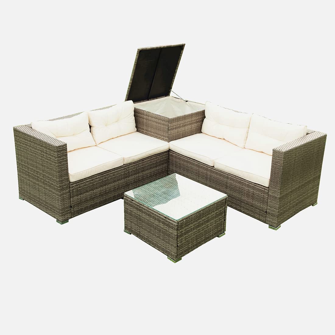 4-Piece Outdoor Modular Sofa Set - All-Weather PE Wicker Sectional with Thick Cushions & Storage Box - Cream Patio Furniture for Garden, Porch, Backyard & Poolside Relaxation