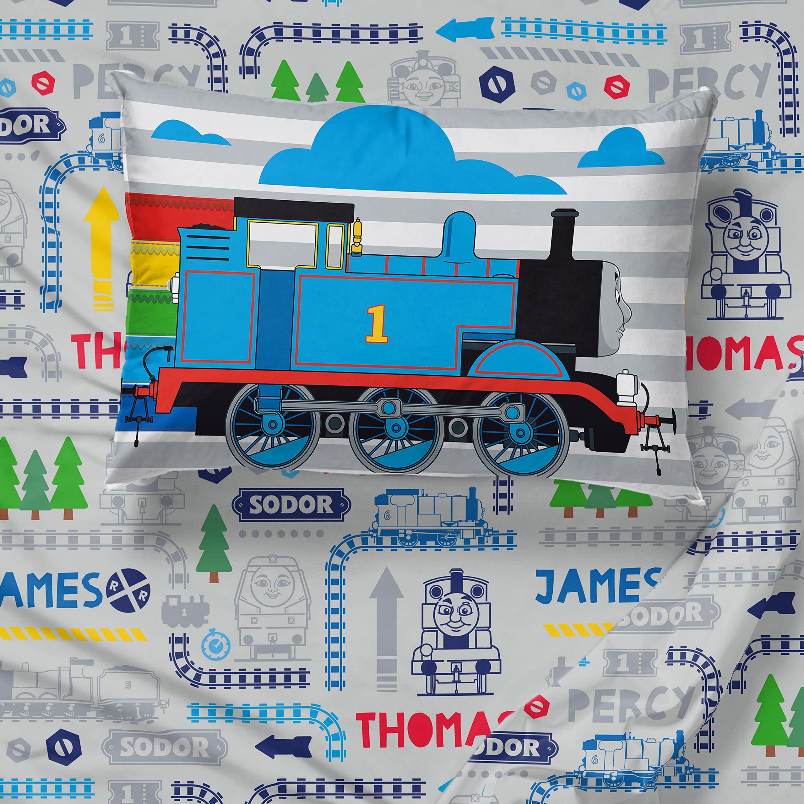 Jay Franco Thomas & Friends Rail Run 4-Piece Toddler Bedding Set - Super Soft Fade Resistant Microfiber Comforter & Sheet Set - Official Mattel Licensed Product for Kids' Room Decor & Nursery Bedding
