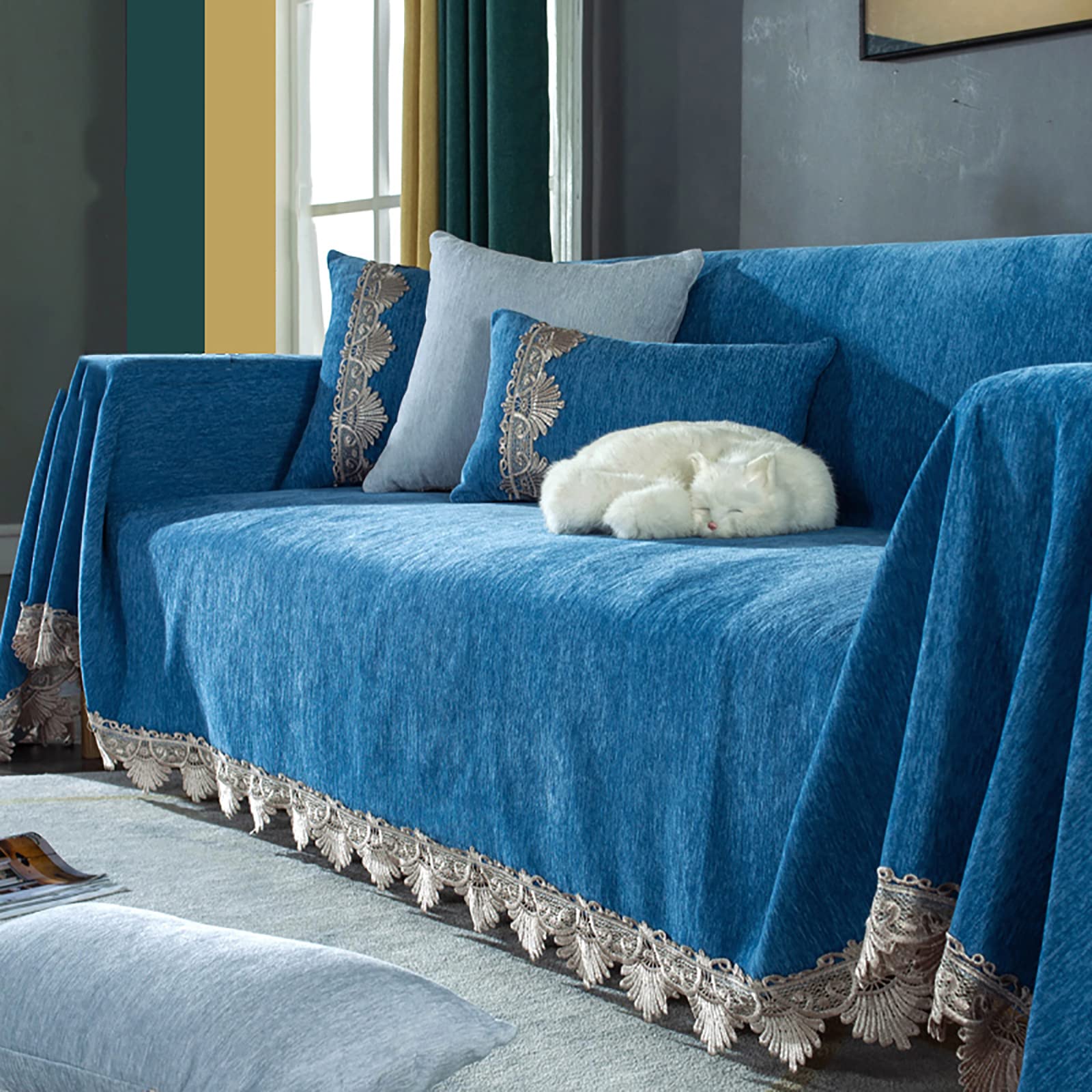FTHOME Soft Chenille Sectional Sofa Cover with Lace Edge - Vintage Style Dog Furniture Protector, Machine Washable Couch Throw (Blue, 4-Seater 180-350cm) for Living Room, Bedroom & Pet-Friendly Home Decor