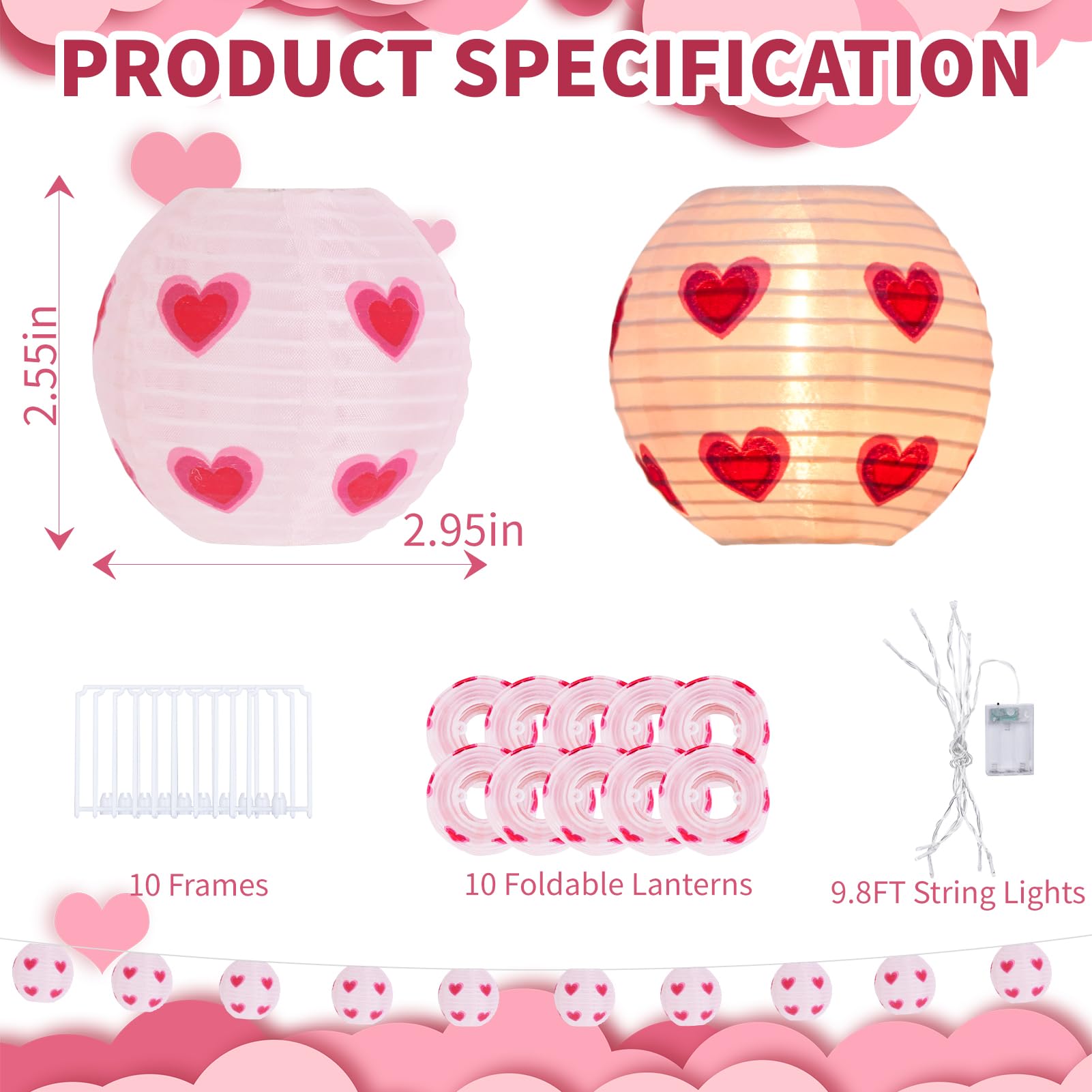 Valentine's Day Heart String Lights - 10 Count Pink LED Fairy Lights, 9.4FT Battery Operated Hanging Decor for Bedroom, Wedding, Party, Proposal | Romantic Ambiance, Home Decoration, Holiday Lighting