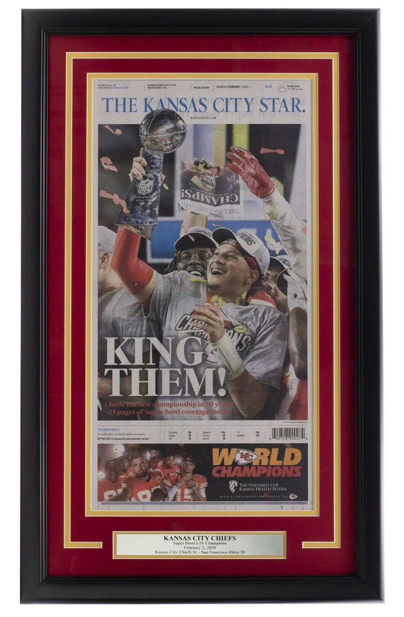 Chiefs Super Bowl 54 Champions Framed 18x30 Newspaper - Kansas City Star Feb 3 2020 Victory Collectible | Sports Memorabilia, Man Cave Decor, Football Fan Gift
