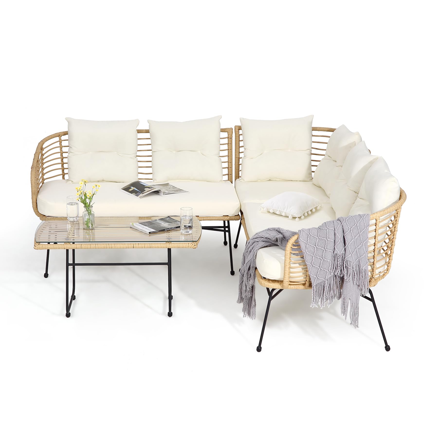 GARVEE 4-Piece Boho Outdoor Patio Furniture Set - L-Shaped Sectional Sofa with Thick Cushions & Tempered Glass Coffee Table - Perfect for Deck, Backyard, Porch & Garden Relaxation