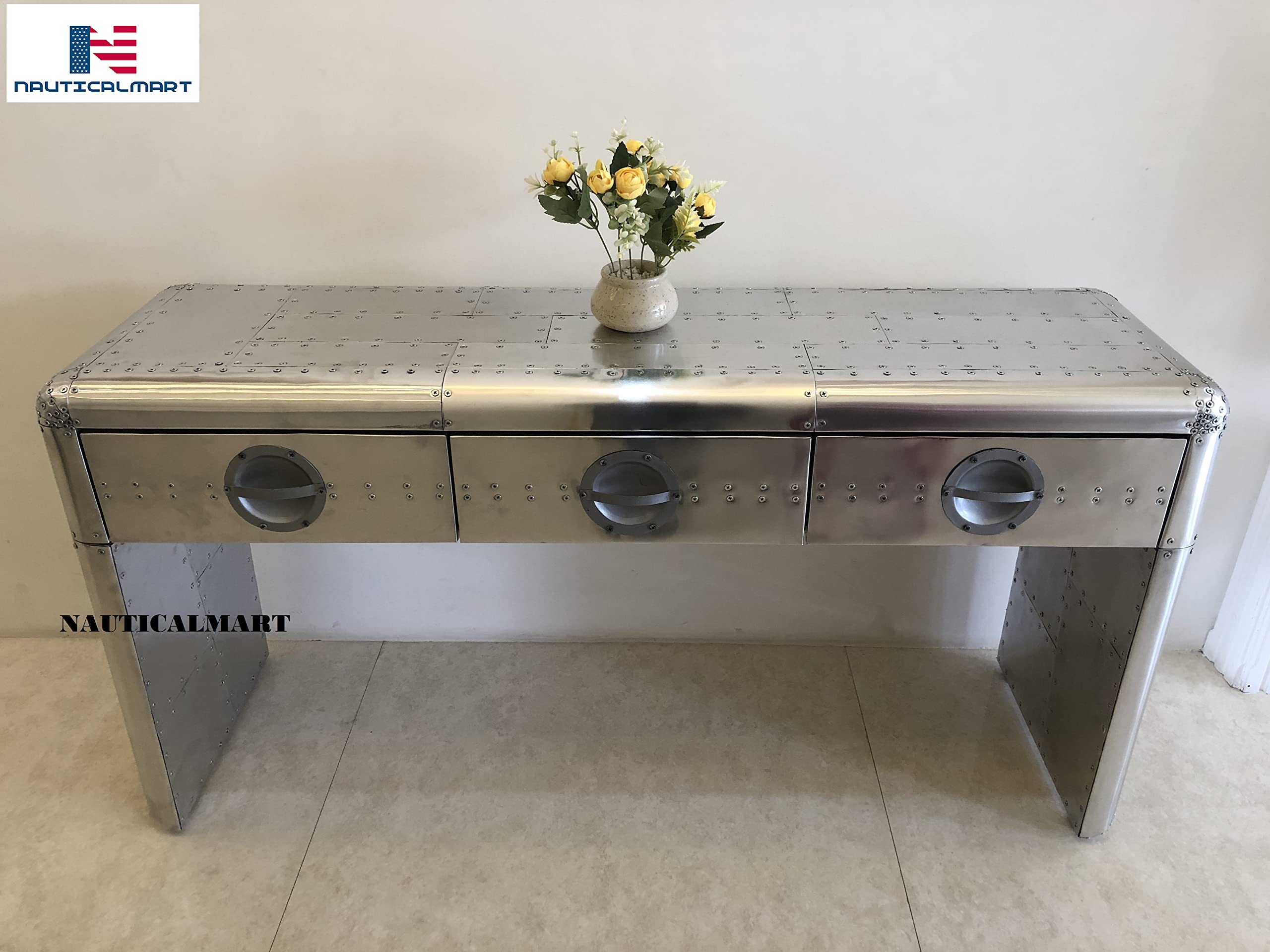 Nautical-Mart Aviator Console Table with 3 Drawers - Modern Bedside Storage Nightstand for Bedroom, Living Room & Office