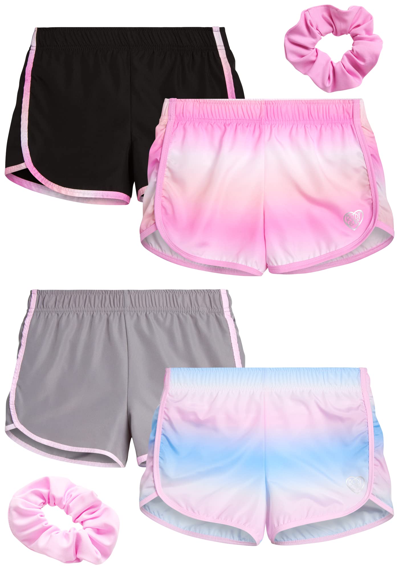 Body Glove Girls' Athletic Shorts 4-Pack - Quick Dry Performance Gym Shorts with Scrunchie for Ages 7-12 | Perfect for Running, Yoga & School PE Class