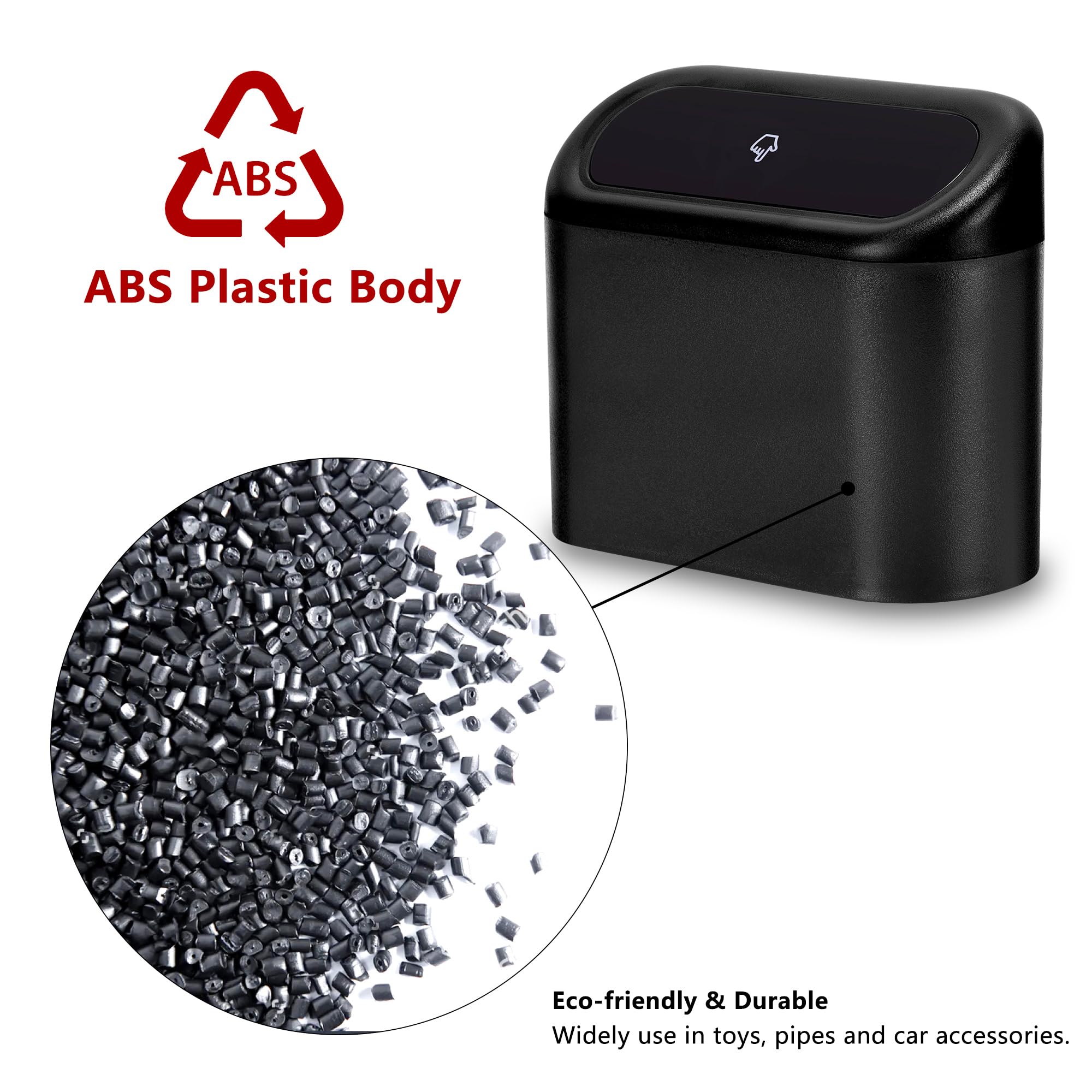 Ginsco 2 Pack Mini Car Trash Can with Lid - Small Leakproof ABS Garbage Bin for Car, Home & Office - Includes 120 Trash Bags (Black) - Perfect for Road Trips, Daily Commute & Workspace Organization