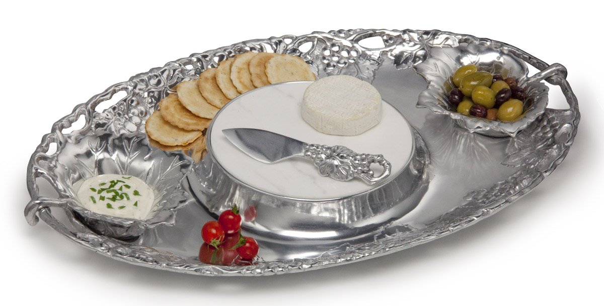 Arthur Court Designs 5-Piece Aluminum Grape Cheese & Dip Serving Set with 2 Bowls, Spreader & Marble Tray (20