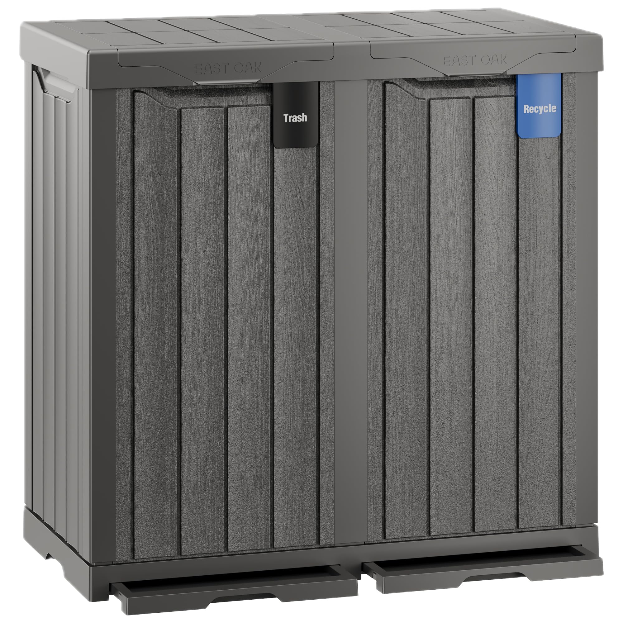 EAST OAK 62 Gallon Outdoor Trash Can - Waterproof Resin Garbage Bin with Recycle & Trash Labels, Secure Bag Lock & Drip Tray - Heavy Duty Outdoor Waste Container for Patio, Backyard, Deck, Garden & Garage - Perfect for Home, Restaurant & Commercial Use - Gray
