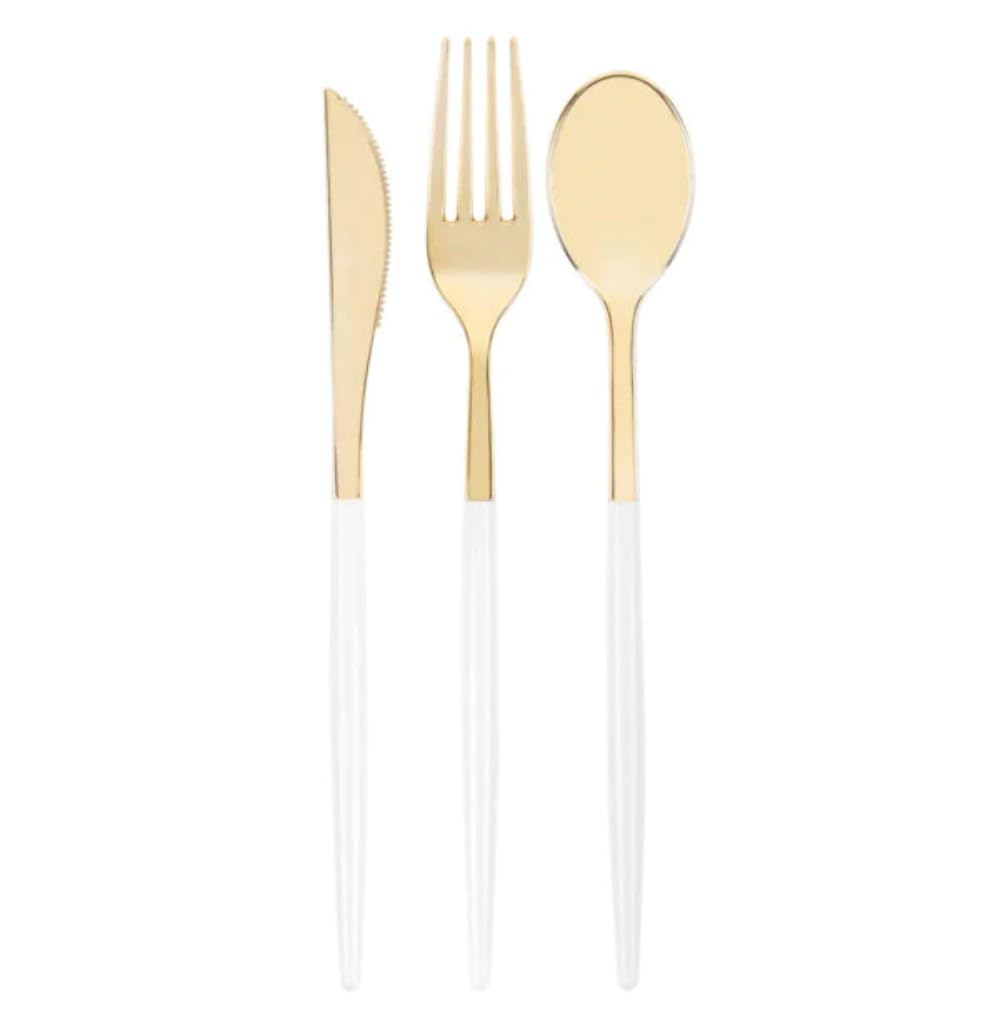Premium 32-Piece Gold & White Plastic Cutlery Set - Heavy Duty Disposable Flatware with 16 Forks, 8 Spoons & 8 Knives for Wedding, Party, Catering & Home Use - Elegant Two-Tone Utensils for Events, Picnics & Outdoor Dining