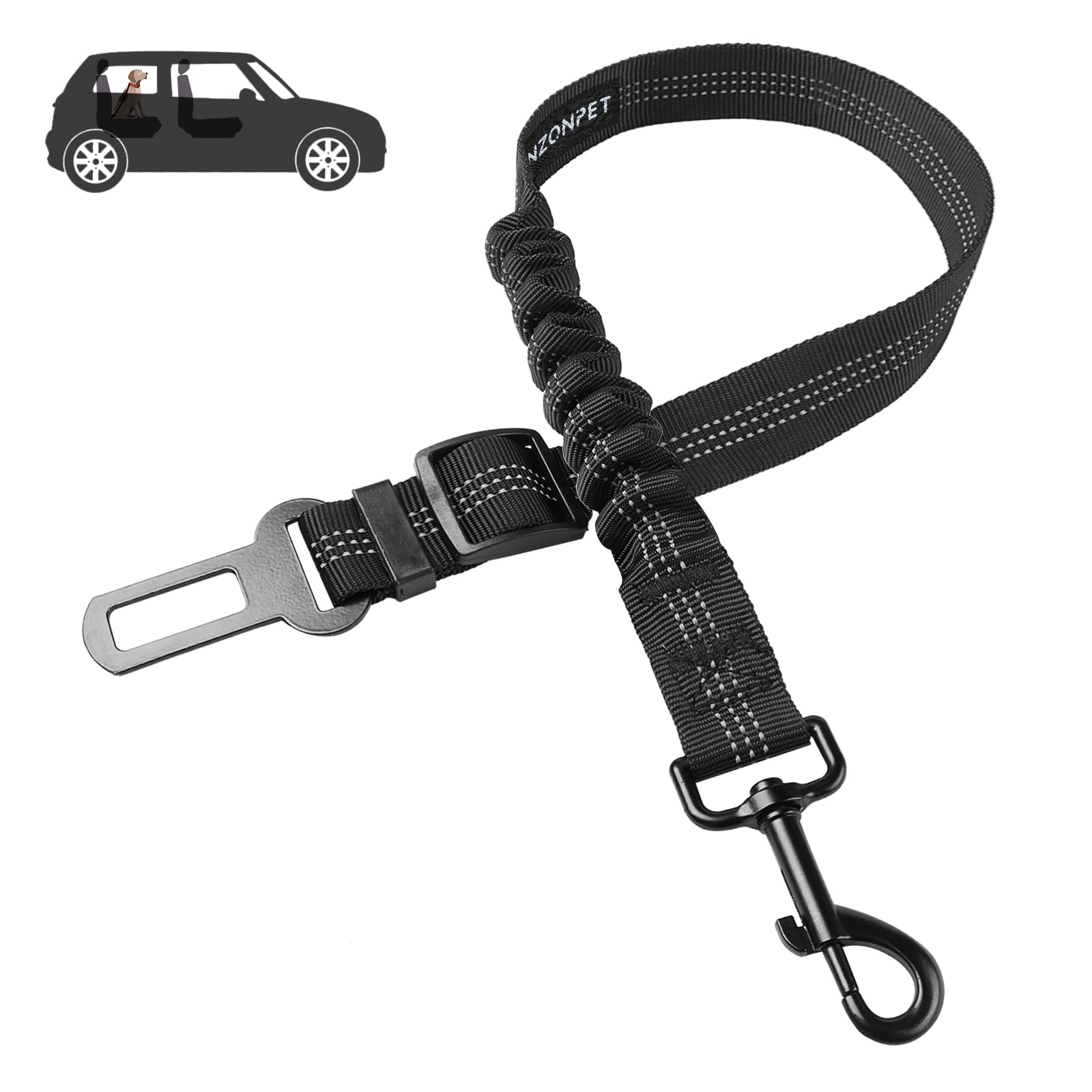 Retractable Dog Car Seat Belt - Heavy Duty Pet Safety Harness with Reflective Strips, Stainless Steel Hook & Elastic Bungee Buffer for Secure Car Travel - Perfect for Road Trips, Daily Commutes & Vet Visits (Black)