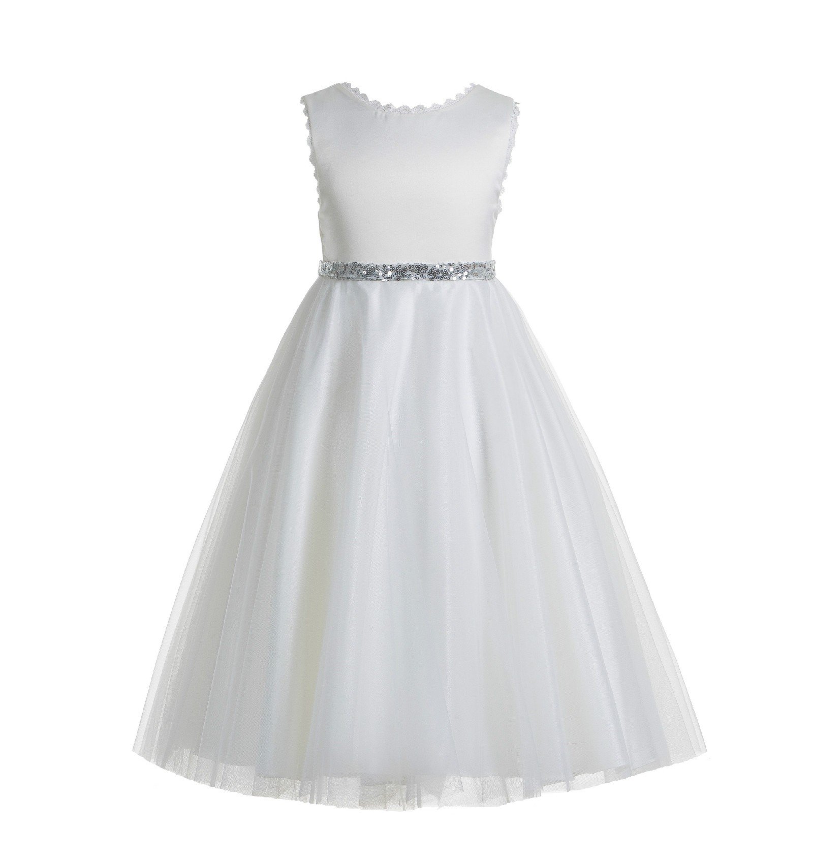 Elegant V-Back Lace Edge White Flower Girl Dress for Weddings, First Communion & Baptism Ceremonies - Perfect for Special Occasions and Formal Events