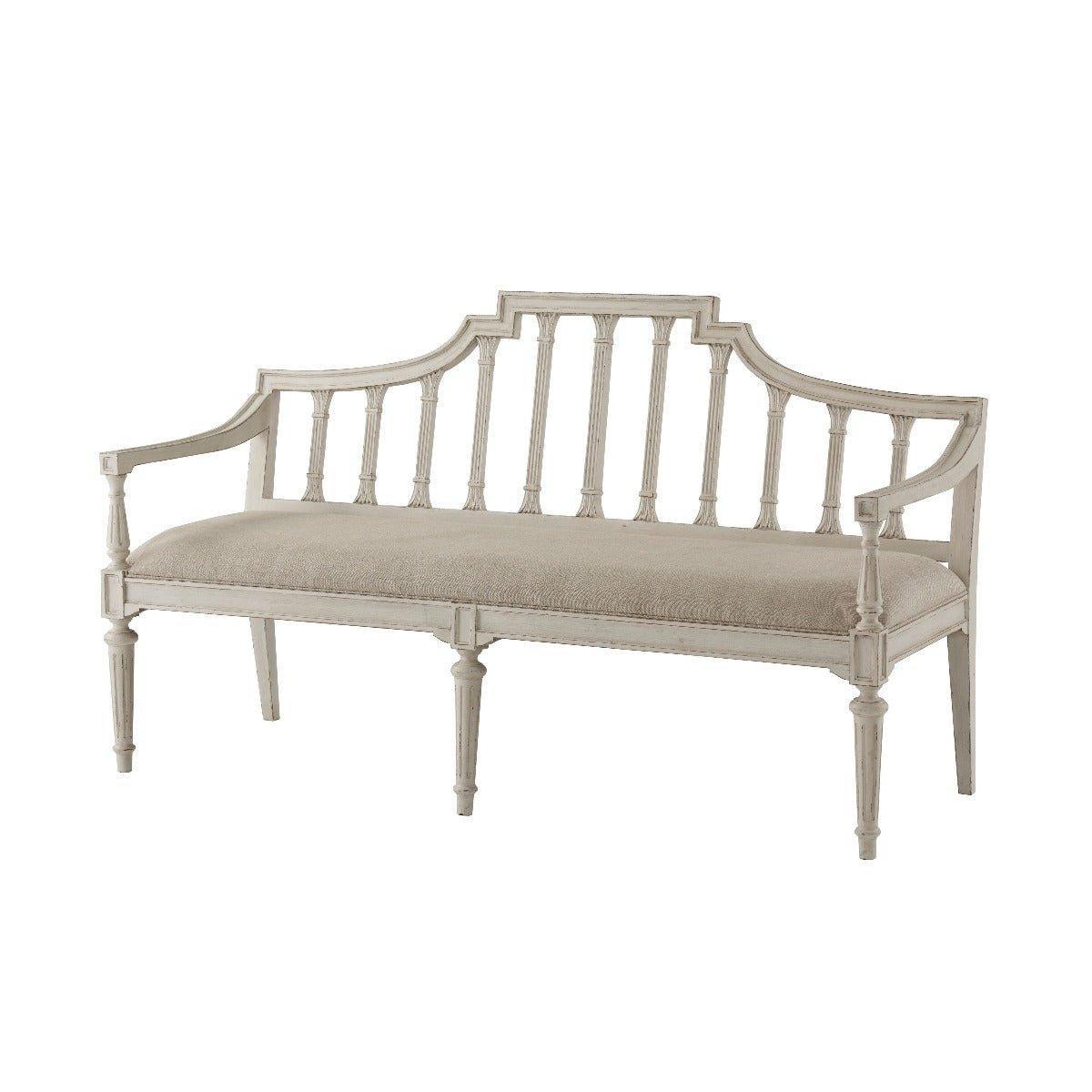 Elegant Arched Back Settee with Hand-Carved Fluted Details - Distressed Wood Finish Sofa for Living Room | Vintage Cottage & Farmhouse Decor