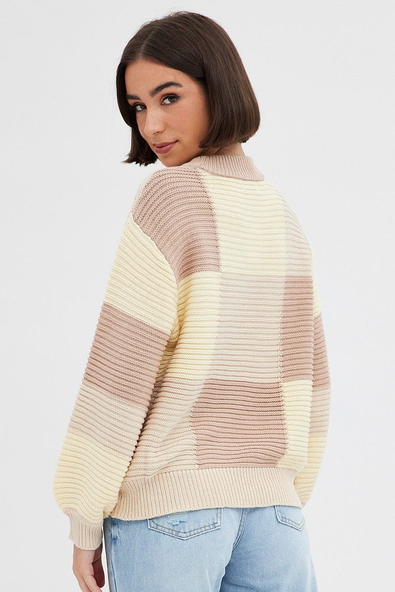 Beige Knit Sweater Women's Round Neck Long Sleeve Patchwork Pullover - Perfect for Fall Layering & Casual Office Wear