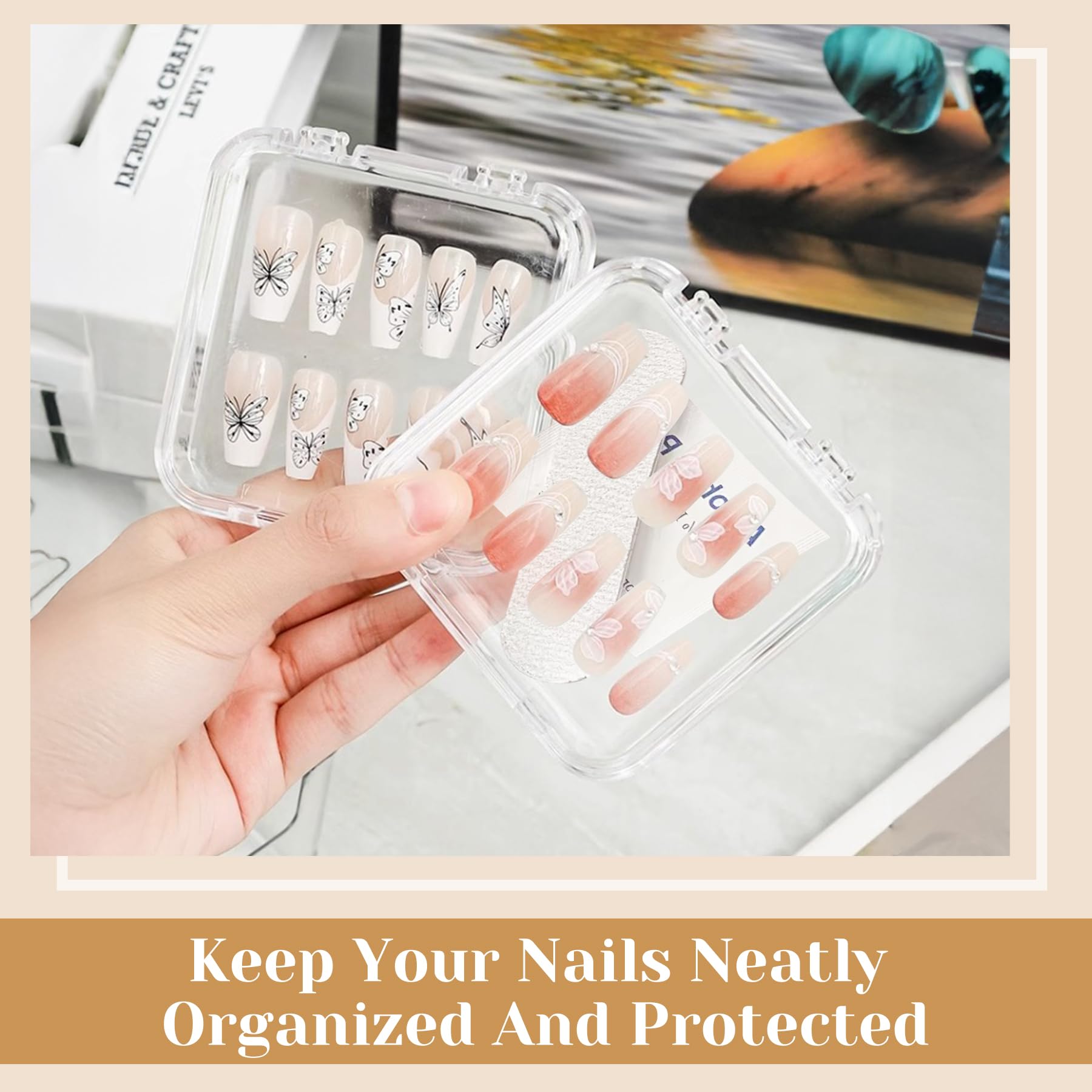 8 PCS Double Layer Press on Nail Storage Case with 60 Adhesive Tapes - Clear Acrylic Nail Organizer Box for Fake Nails Display, Salon Storage & Travel Nail Art Accessories Organization