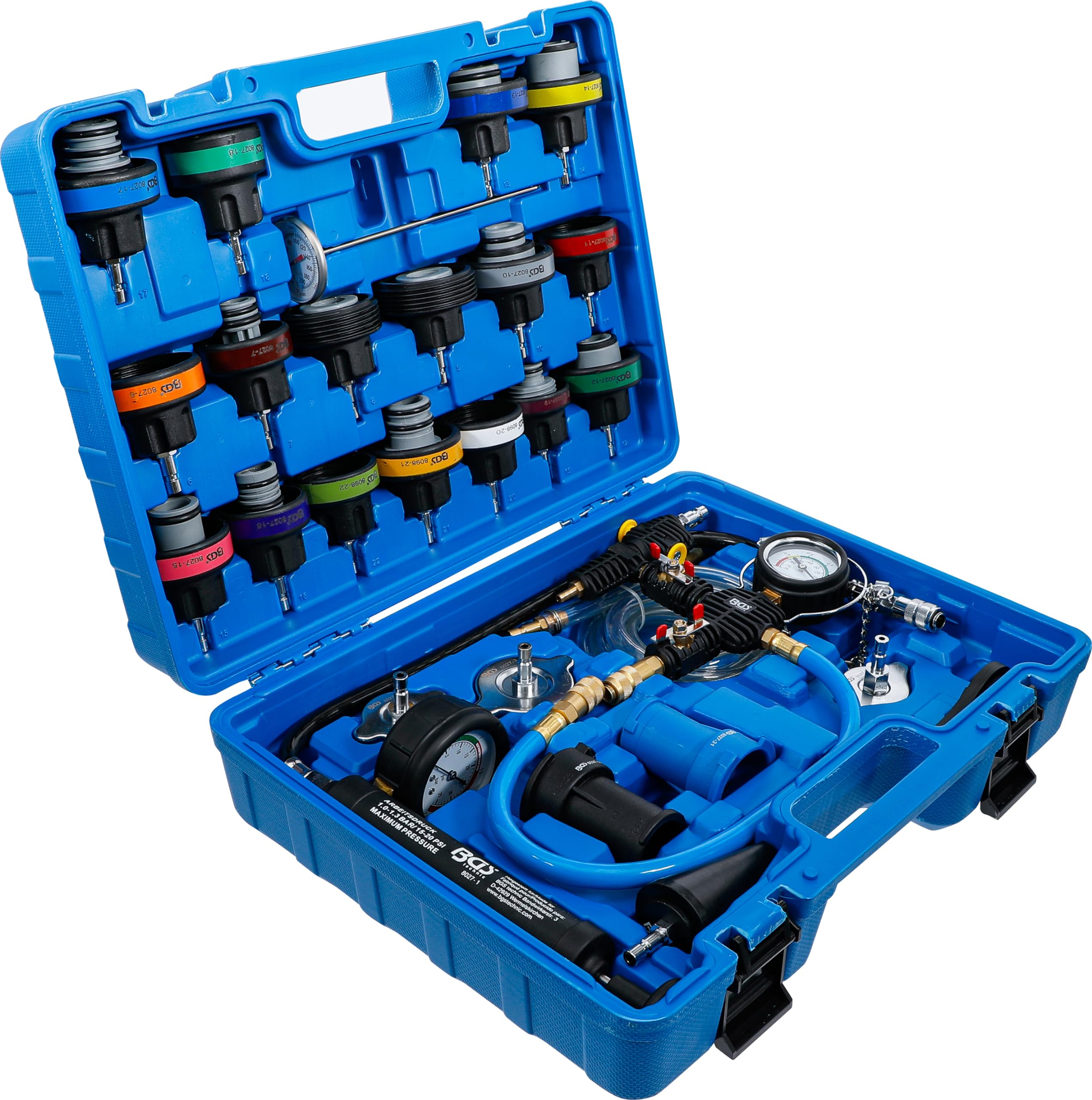 BGS 8098 Radiator Pressure and Cooling System Tester Kit with Refilling System - 28 Piece Automotive Diagnostic Tool Set for Car & Truck Maintenance, Leak Detection, and Cooling System Repair