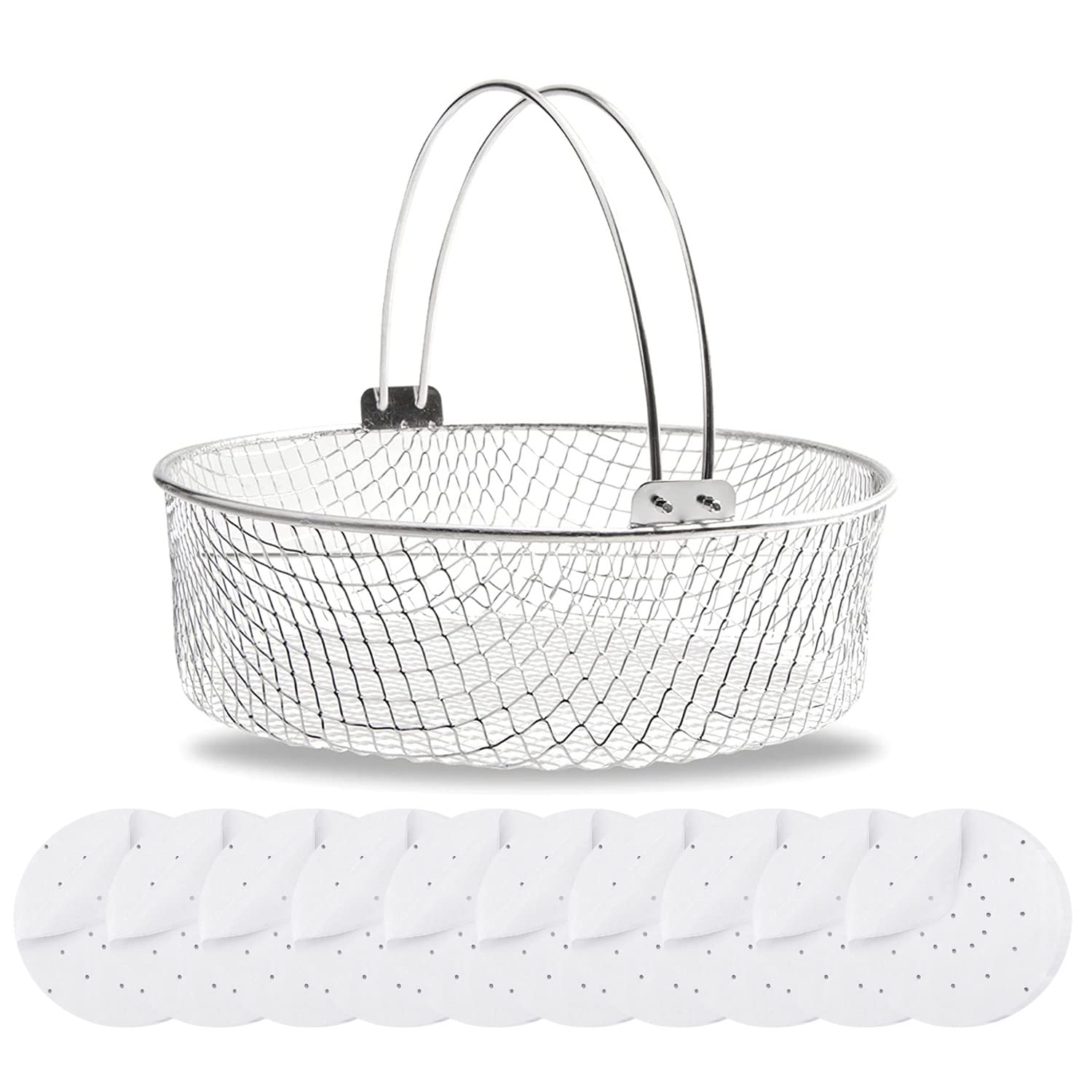 **Stainless Steel Fryer Basket for Ninja Foodi 6.5 & 8Qt - Crisping Mesh Steamer Basket with Handle - Perfect for Air Frying, Steaming & Reheating Food**