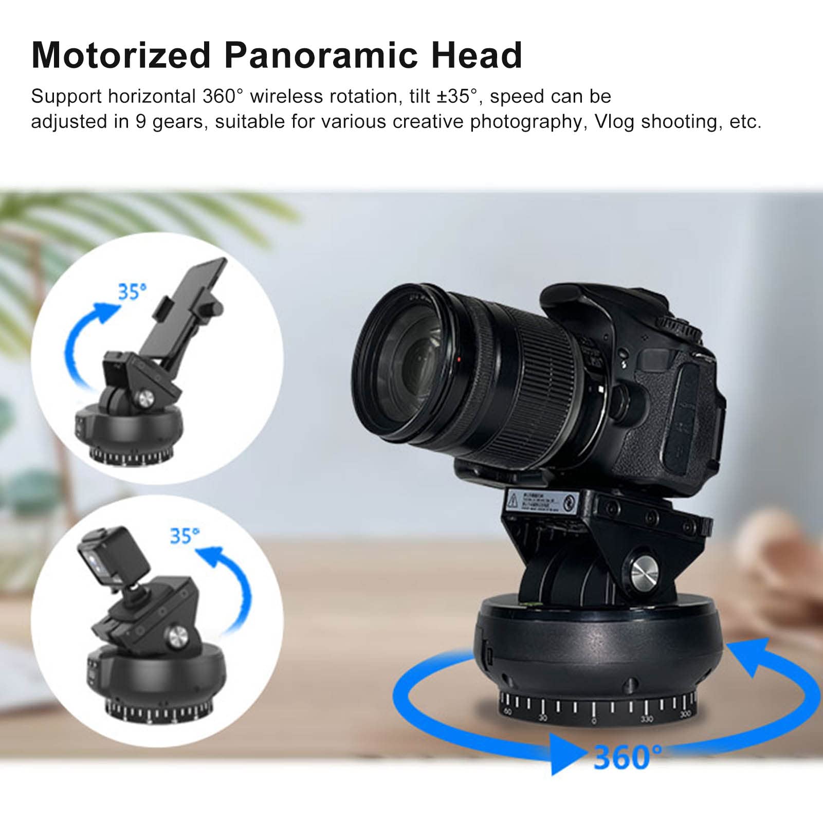 Yctze Motorized Panoramic Tripod Head - 360° Rotating 2.4G Wireless Remote Pan Tilt Head with Remote Control & Phone Clip for DSLR, Mirrorless Cameras & Smartphones - Perfect for Time-Lapse Photography, Vlogging & Live Streaming