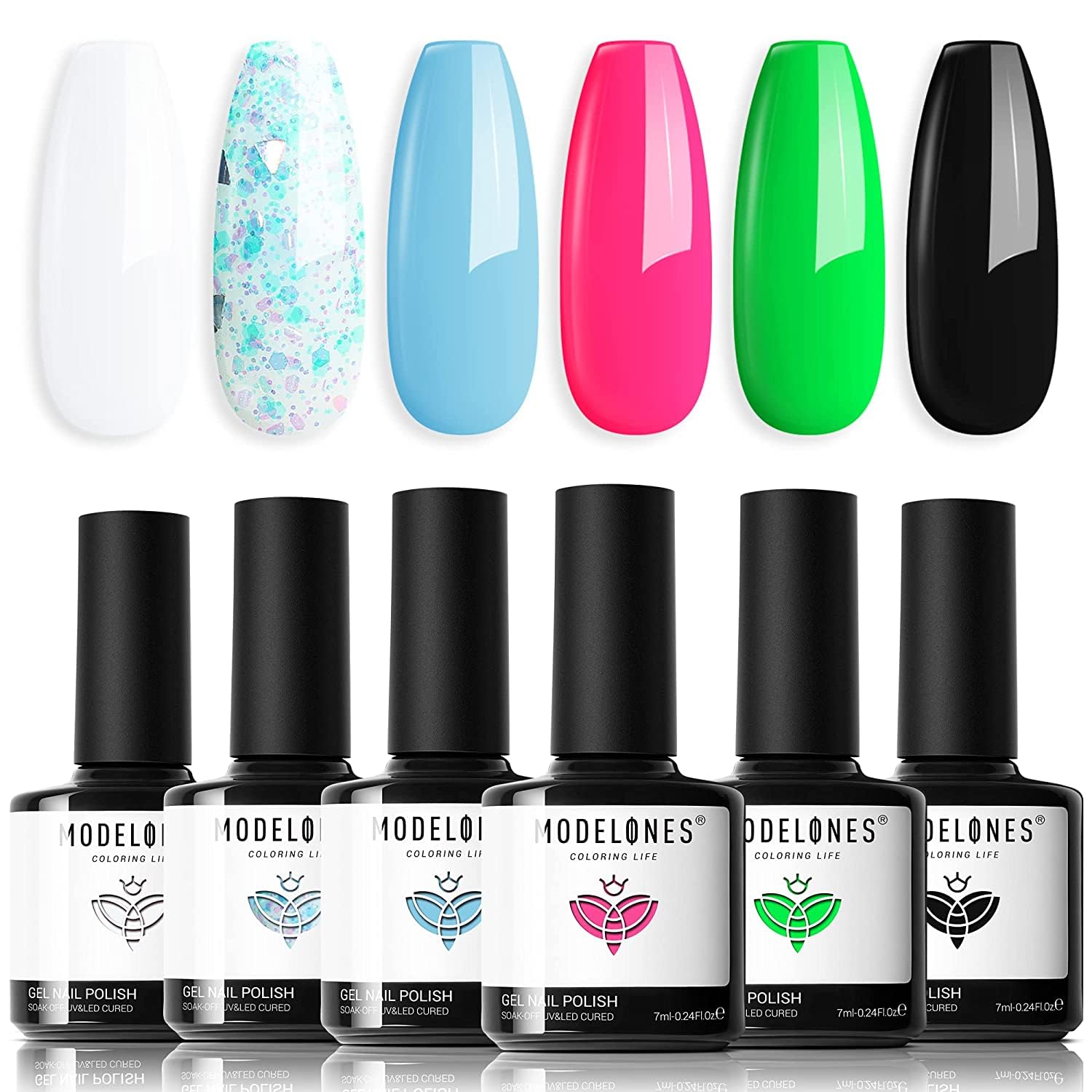 Modelones Gel Nail Polish Kit - 6 Colors Summer Collection (Pink, Green, White, Black) | Soak Off UV LED Nail Polish Set for DIY Manicure & Nail Art | Perfect for Salon, Home Use & Gift Giving | Great for Summer Nails, Parties, Weddings & Special Occasions