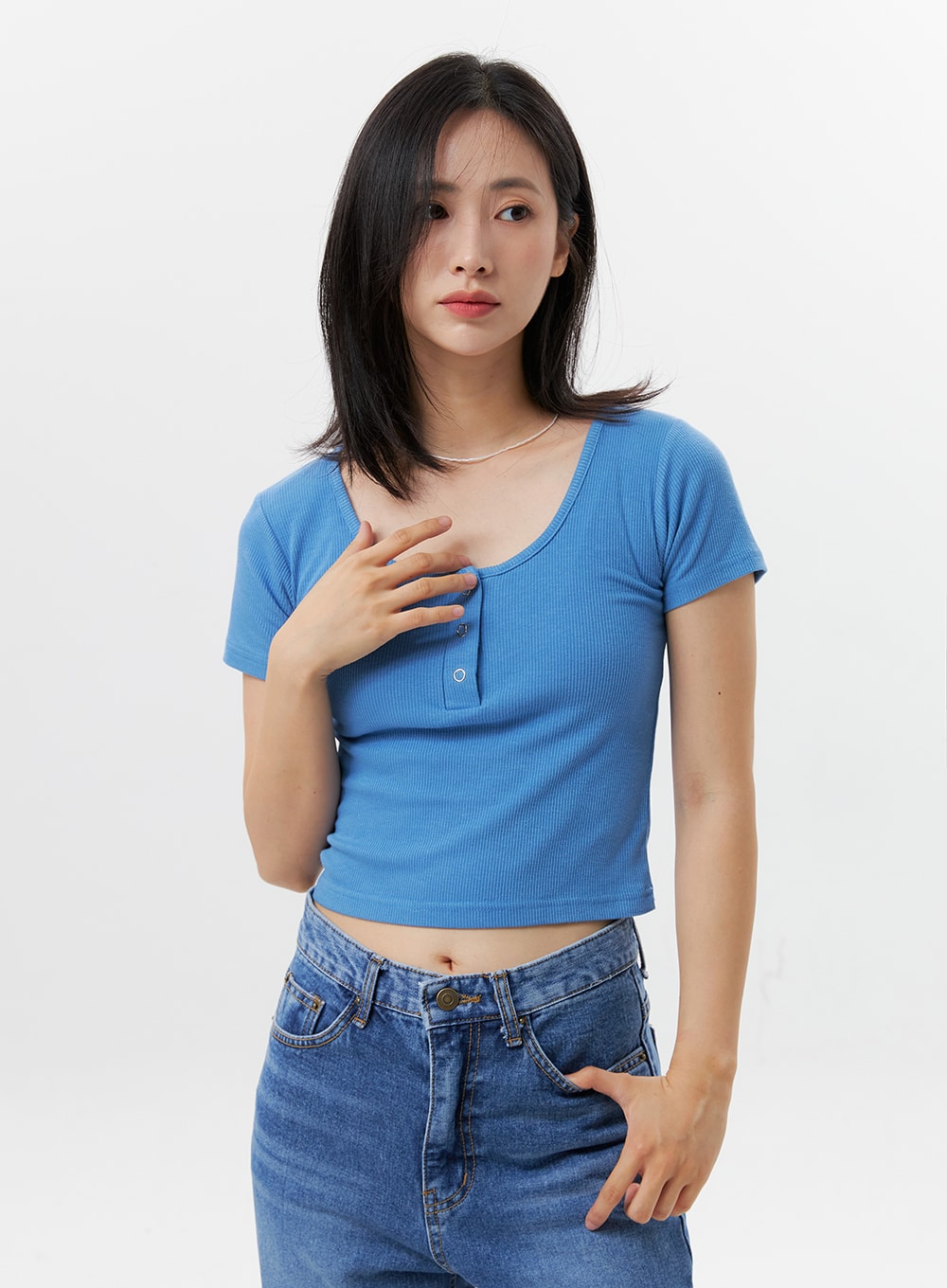 Buttoned U Neck Crop Tee OG318 - Women's Fashion Short Sleeve Shirt for Casual Wear, Date Night & Summer Outfits