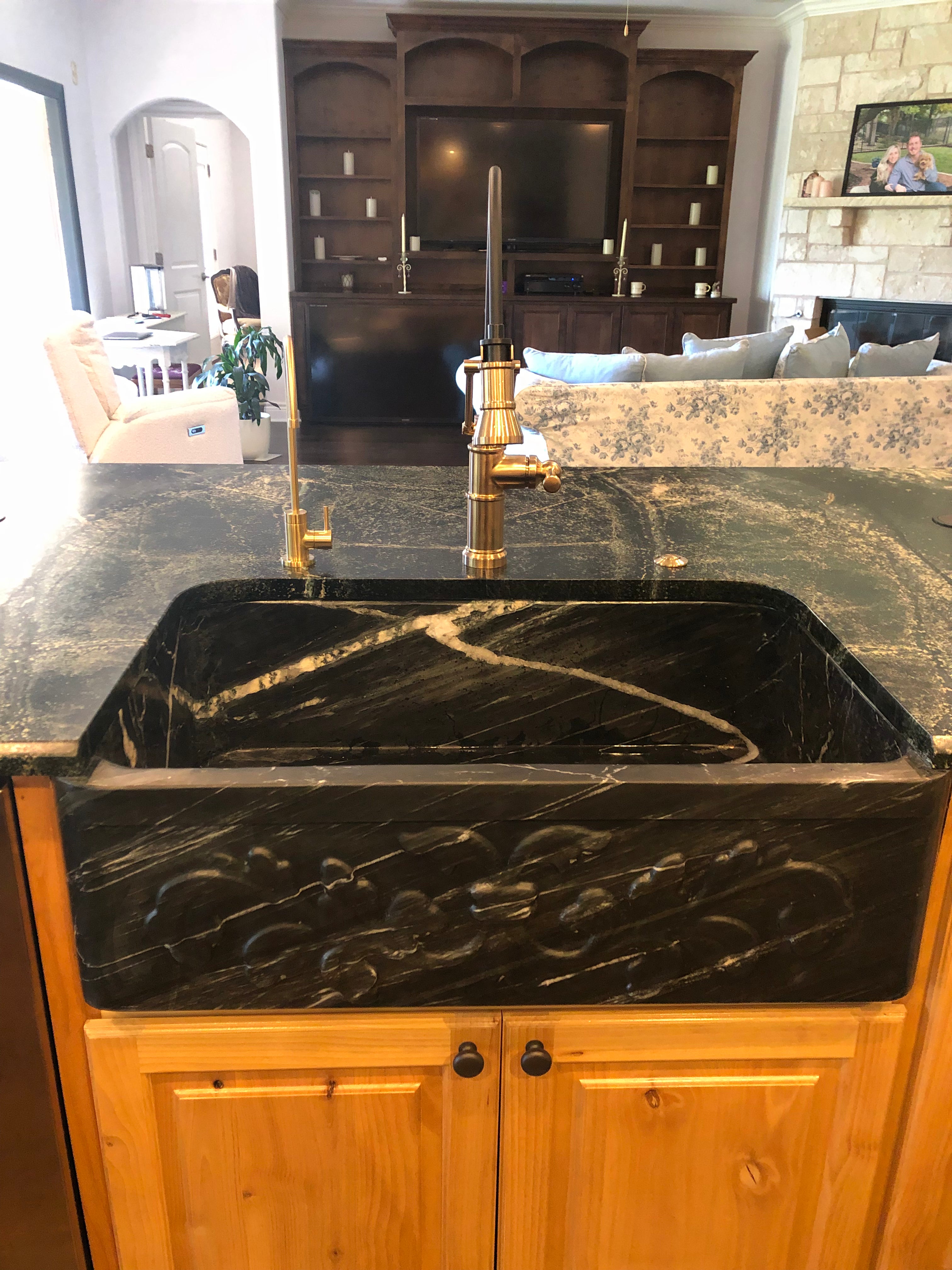Farmhouse Charcoal Soapstone Single Bowl Kitchen Sink with Floral Carving - 33