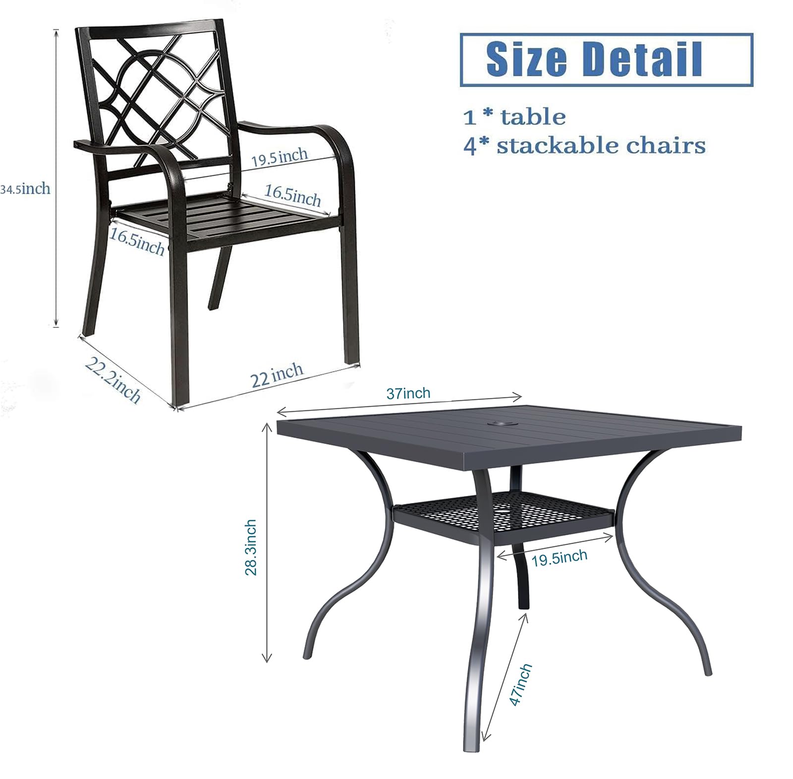Crownland 5-Piece Outdoor Dining Set - 4 Stackable Metal Chairs & Square Patio Table with 1.57
