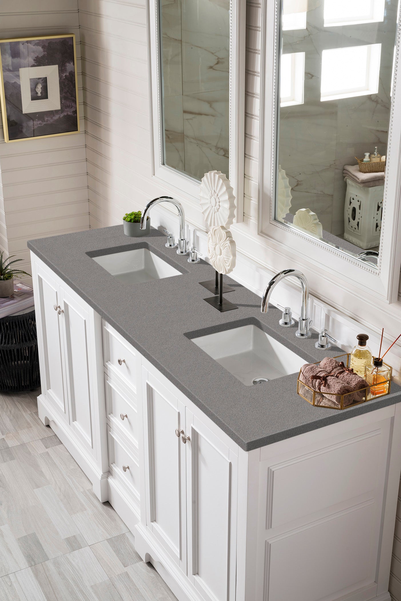 De Soto 72 Inch Double Vanity with 3CM Grey Expo Quartz Top - Bright White Bathroom Sink Cabinet for Modern Master Bath & Guest Bathroom