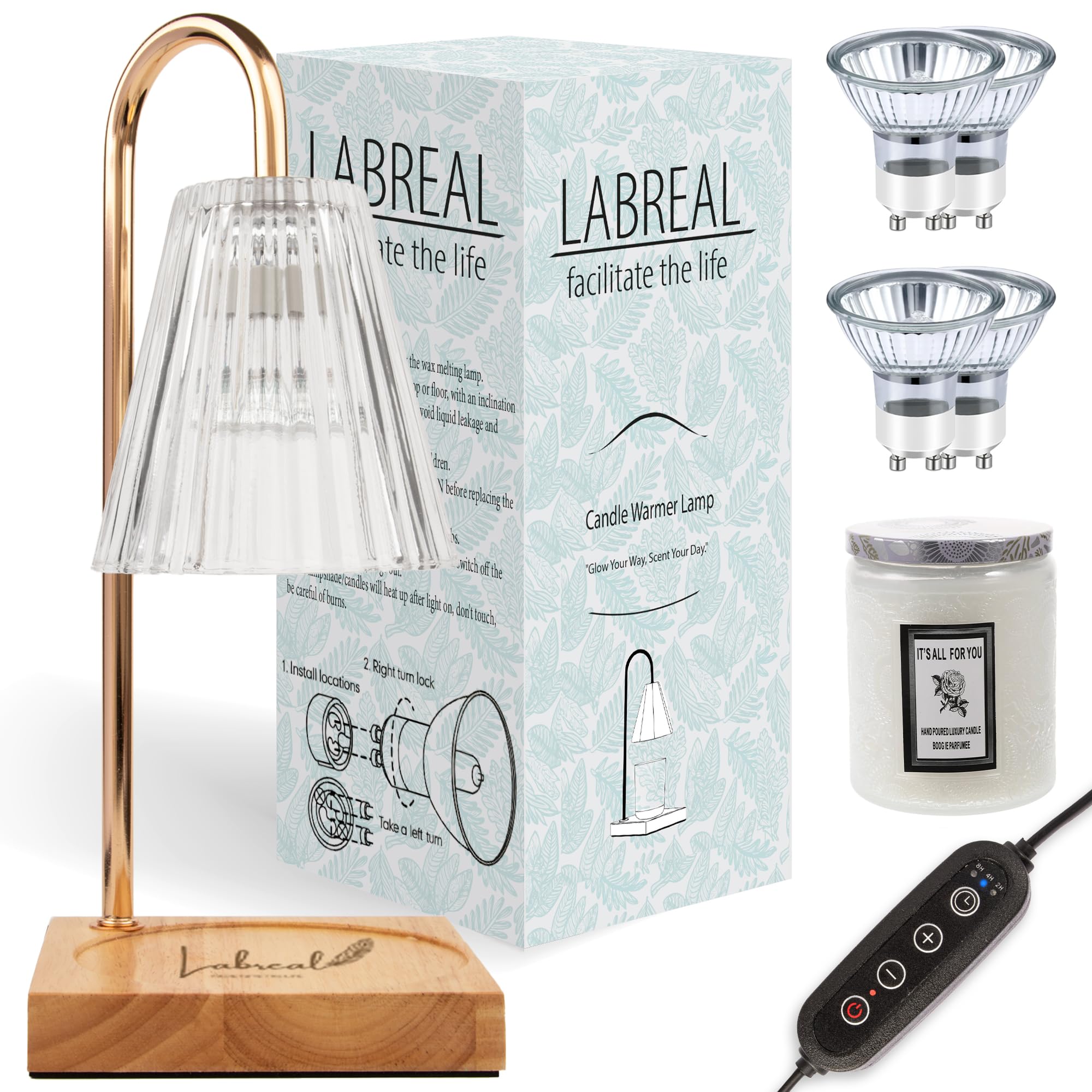 Elegant Candle Warmer Lamp with Timer & Dimmer - 4 Bulbs + Scented Candle Included | Aromatherapy Home Decor for Bedroom, Living Room | Perfect Housewarming & Mother's Day Gift for Jar Candle Lovers