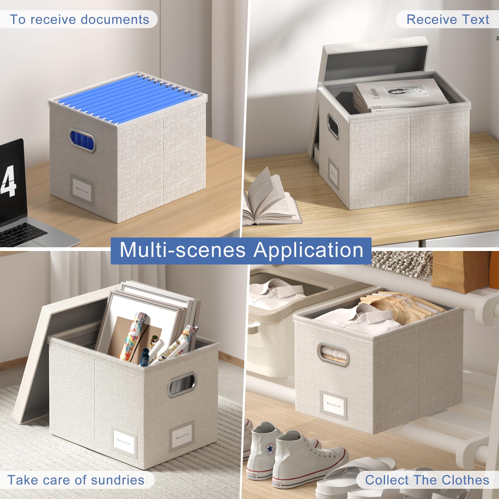 2-Pack Light Grey Hanging File Organizer Box with Lid - 13.2 x 10.1 x 10.1 Inches Plastic Frame Storage Box for Office Files, Documents, Bills & Home Organization - Perfect for Desk, Shelf or Cabinet Storage