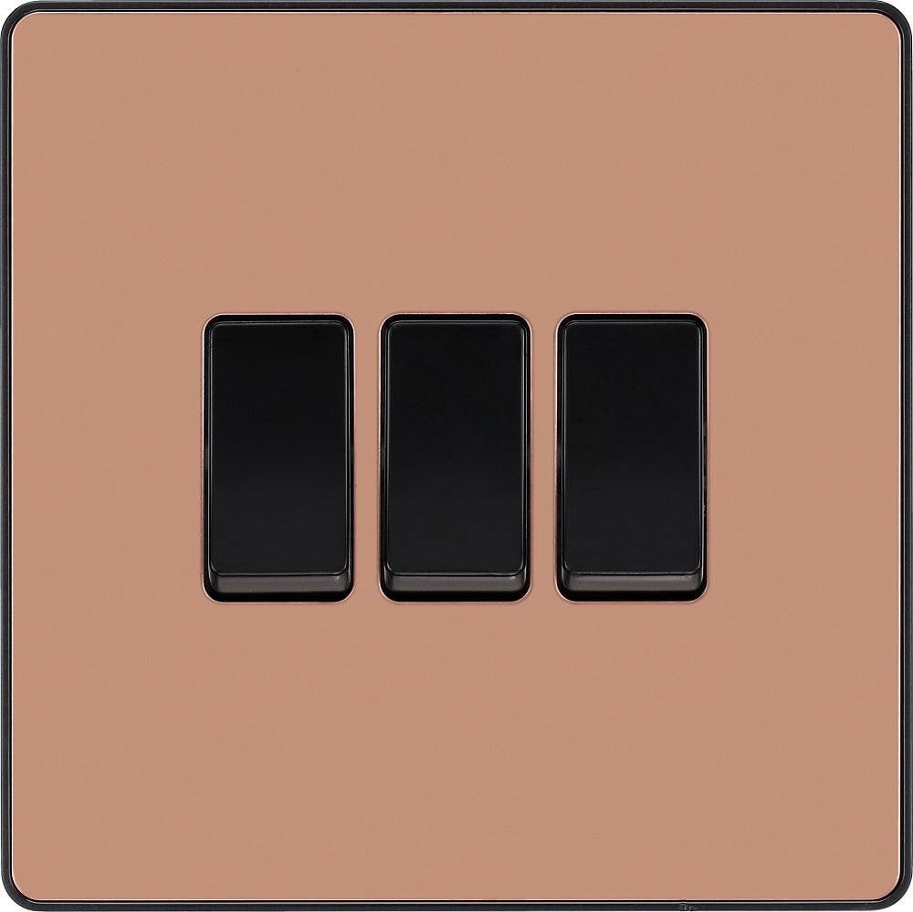 BG Evolve Polished Copper 3G 2-Way Light Switch PCDCP43B - Modern Electrical Switch for Home & Office Lighting Control
