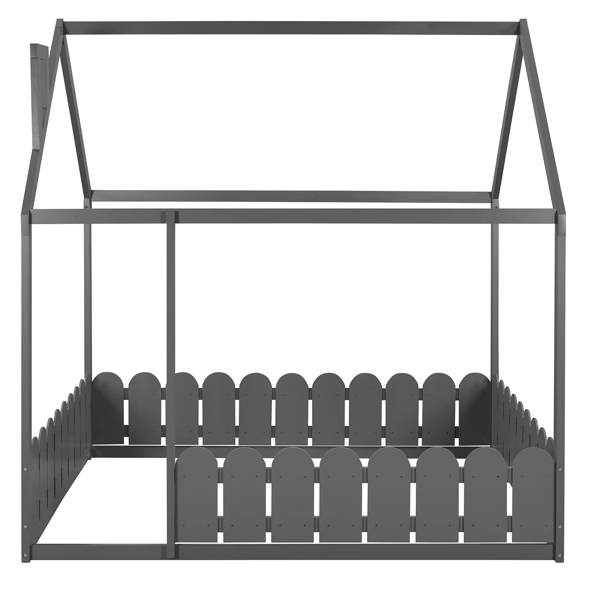P PURLOVE Full Size House Bed Frame - Twin Montessori Floor Bed for Kids & Teens, Playhouse Bed with Fence & Roof, Gray - Perfect for Bedrooms, Playrooms & Montessori Learning Spaces