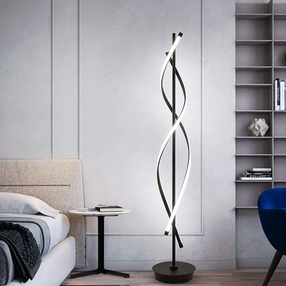 ADISUN 40W LED Modern Spiral Floor Lamp with Remote Control - Dimmable Tall Standing Light for Living Room, Bedroom, Office - Black Indoor Lighting for Home Decor & Reading