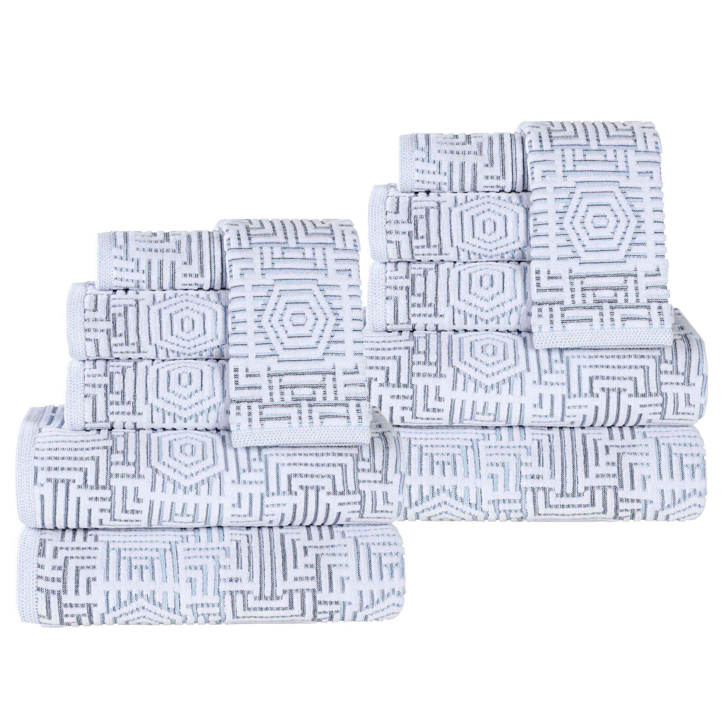 Premium 12-Piece Cotton Geometric Jacquard Plush Towel Set - Ultra Absorbent & Soft Bath Towels for Spa, Guest Bathroom & Luxury Home Decor