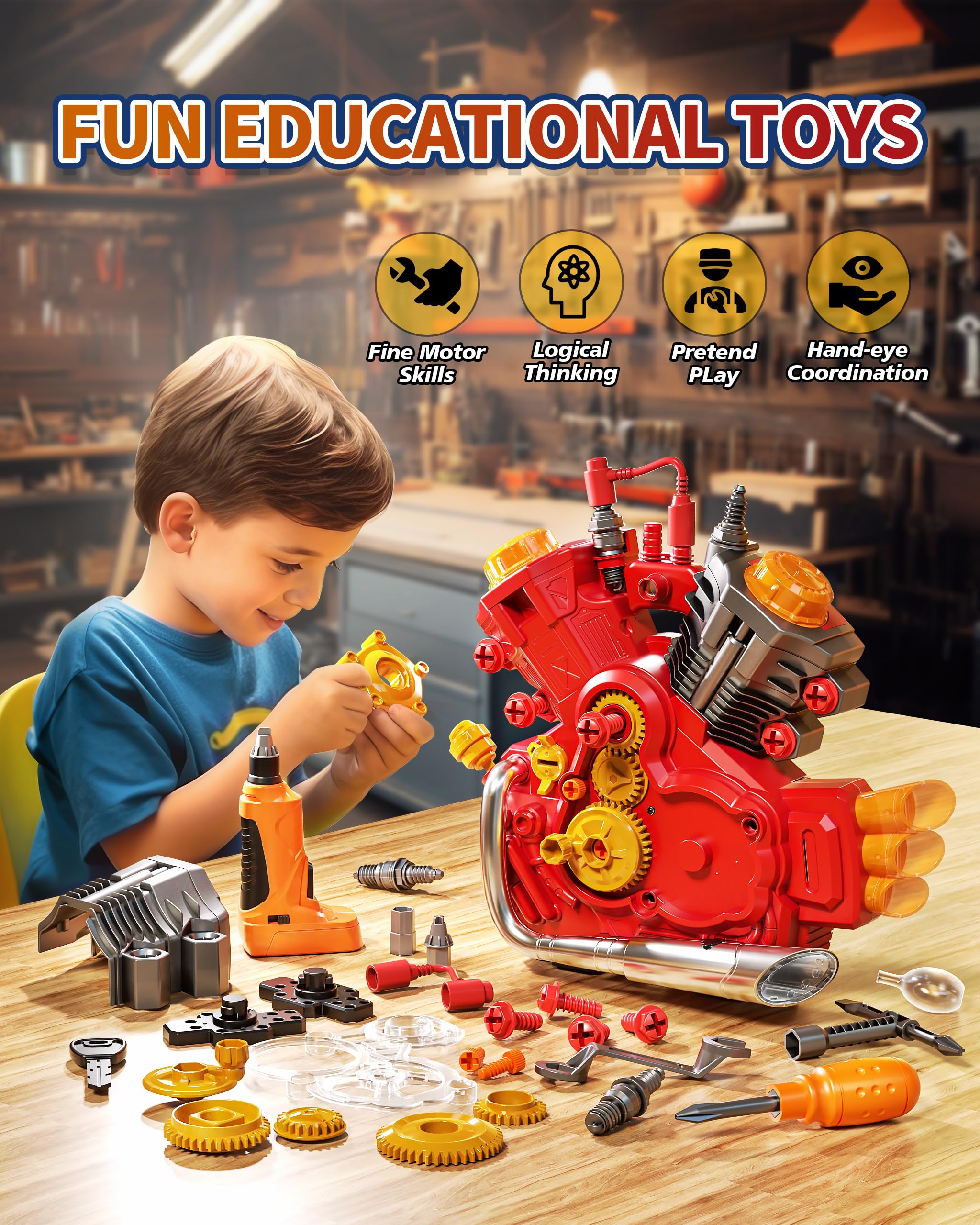 **Motorcycle Engine Building Kit for Kids - STEM Educational Mechanic Toy with Light & Sound, Science Learning Model for Boys & Girls Ages 3+, Realistic DIY Mechanic Tools (Red) - Perfect for Birthday Gifts & STEM Classroom Activities**