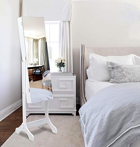 Full Length Mirror with Wooden Frame & 4-Tier Adjustable Shelf - Jewelry Storage Cabinet with 2 Drawers & Inner Mirror - White - Perfect for Bedroom, Dressing Room & Closet Organization