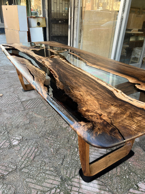 Epoxy Resin River Dining Table with Premium Walnut Wood Legs - Perfect for Modern Home Dining Room, Kitchen, and Office Spaces