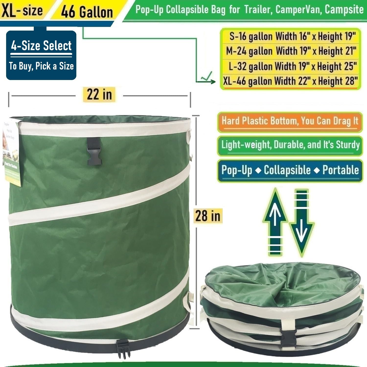 46-Gallon Collapsible Trash Can with Hard-Shell Bottom - 22x28 Inch Yard Waste Bag for Garden Debris, Recycling, Camping & Laundry | Heavy-Duty Collapsible Container with 4 Handles for Leaves, Grass Clippings & Outdoor Cleanup | Perfect for Backyard, Garage & RV Use