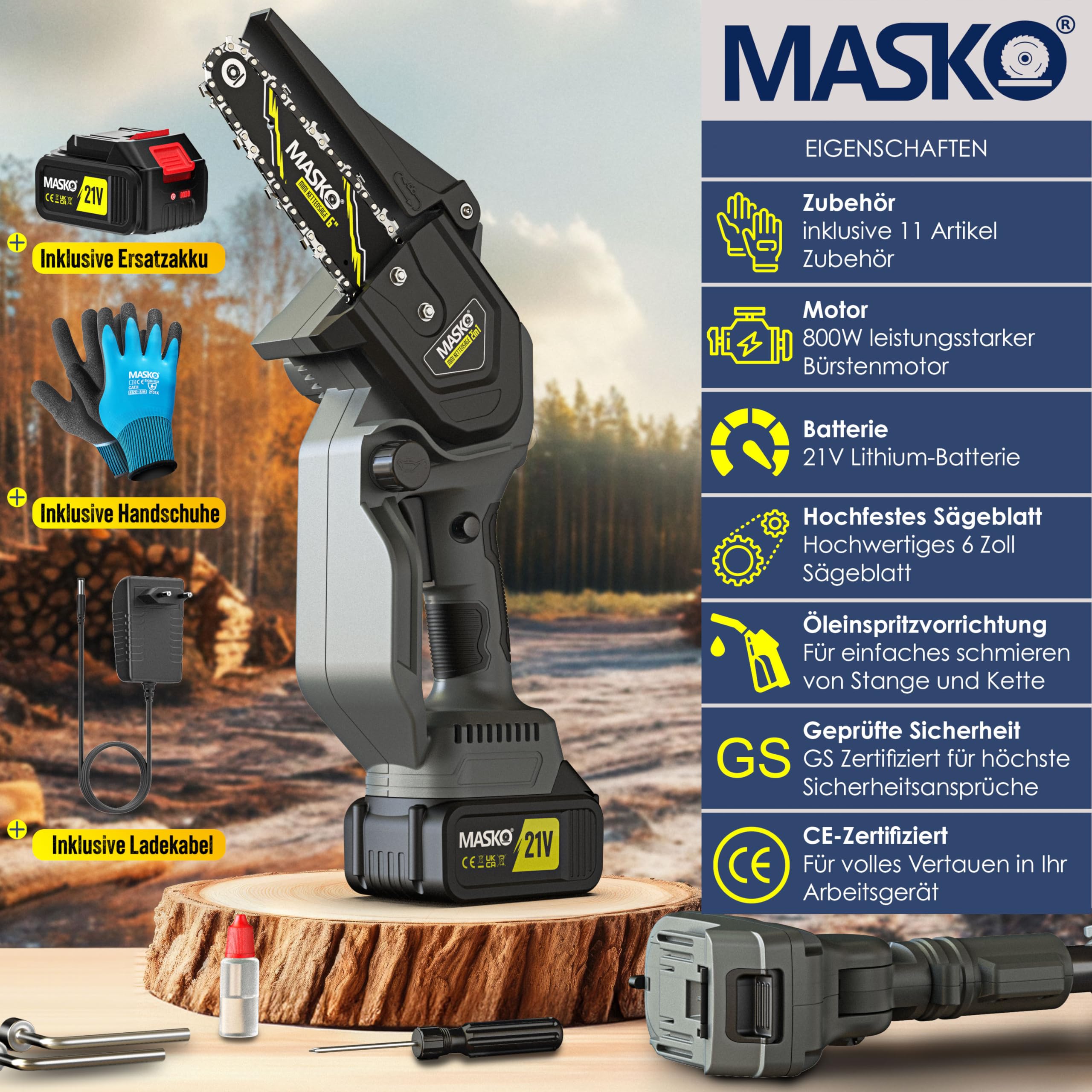 MASKO® 6-Inch Mini Chainsaw with 8000mAh Battery - 800W Electric Hand Chainsaw with 2×4000mAh Batteries & Automatic Oil System for Wood Cutting, Garden Shears, Loppers & Tree Trimming | Perfect for DIY Projects, Yard Work & Home Improvement