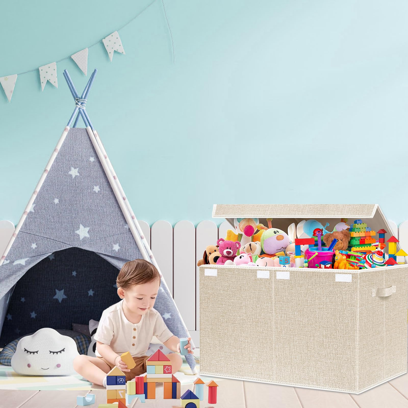 VERONLY Large Collapsible Toy Storage Box with Lid - Kids Toy Organizer Bin with Handles for Boys & Girls, Nursery, Playroom, Clothes & Blankets - Perfect for Bedroom, Living Room & Daycare Organization (Beige)