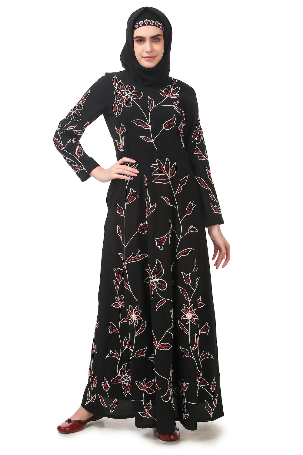Elegant All Over Floral Embroidered Semi Circular Abaya Dress for Women - Perfect for Eid, Ramadan, Wedding & Special Occasions
