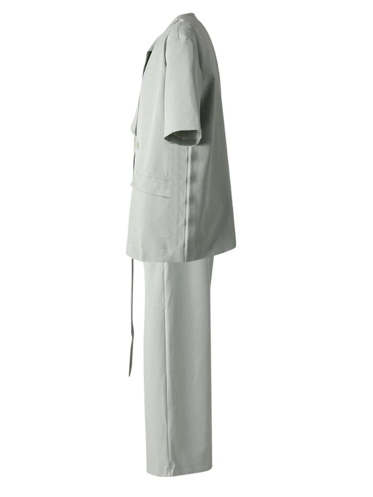 Women's Big Size Green Blazer & Wide Leg Pants Two-Piece Suit - V-Neck Short Sleeve Fashion Set for Spring Summer 2025 (CPG3079) | Office Wear, Business Casual, Wedding Guest Outfit