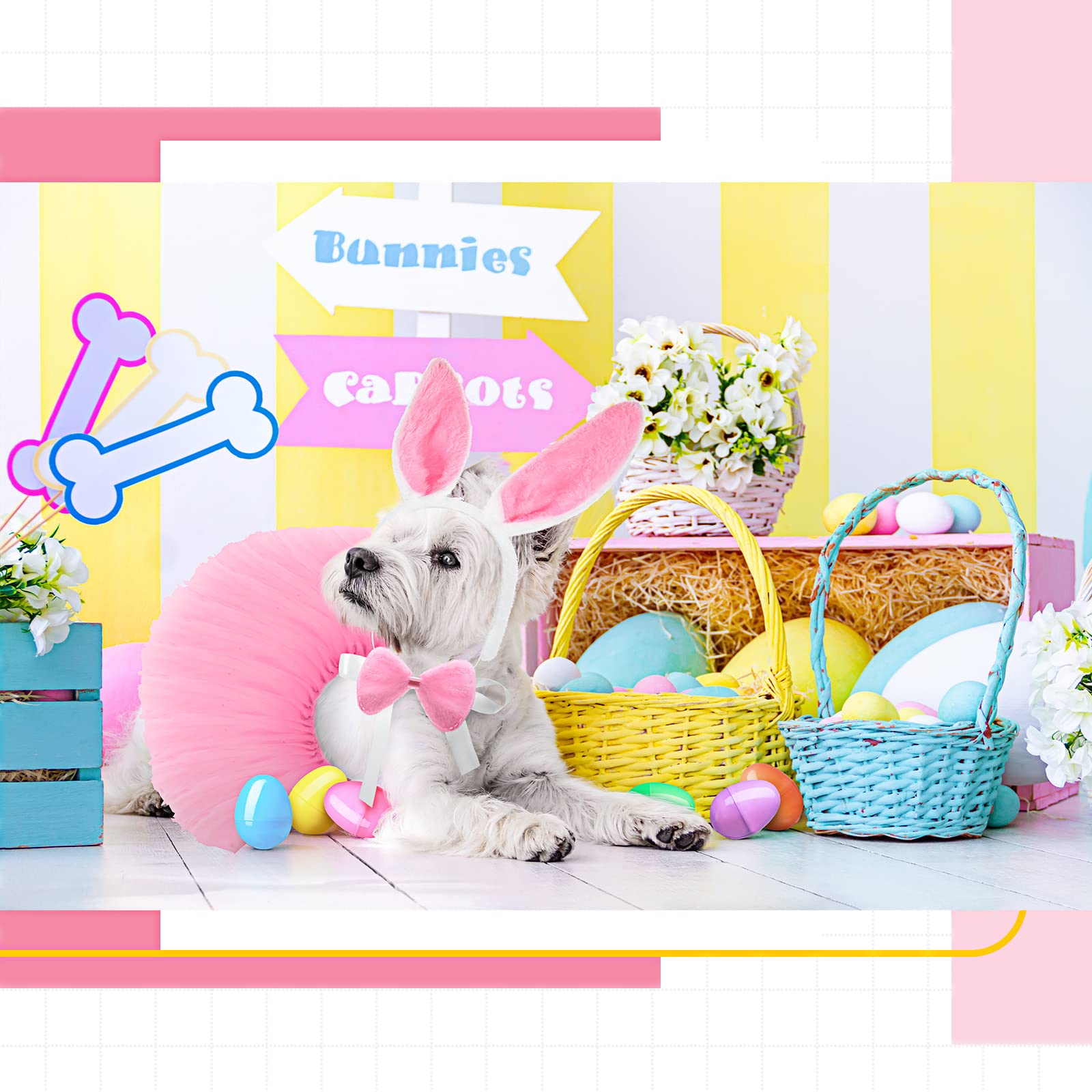 10-Piece Dog Bunny Costume Set with Ears, Tail, Bowtie & Tutu - Fillable Plastic Easter Eggs - Handmade Easter Dog Outfit for Easter Hunt Party, Pet Photo Shoots & Holiday Celebrations
