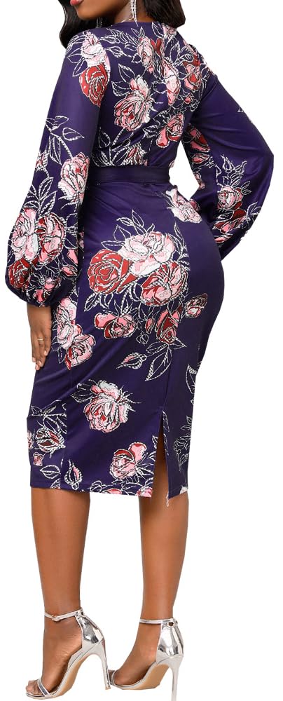 Women's Floral Print Bodycon Dress - Business Casual Pencil Dress with Round Neck & Sleeves for Office, Party & Date Night Outfits