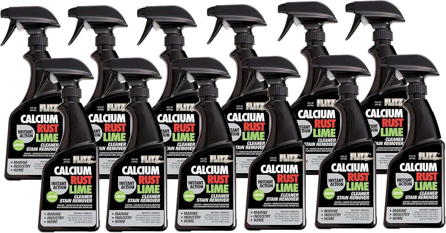 Flitz Calcium Rust Lime Cleaner & Stain Remover - 16 Oz (12 Pack) - Powerful Cleaning for Tile, Glass, Fiberglass & Plexiglass - Perfect for Bathrooms, Kitchens, Boats & Outdoor Surfaces