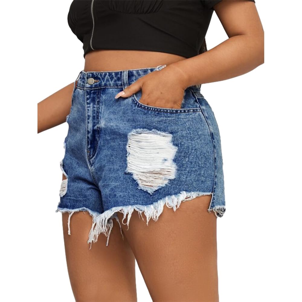 MapleHub Plus Size Denim Shorts for Women - High Waisted Ripped Distressed Jean Shorts with Folded Hem | Comfortable Summer Casual Wear, Beach Outfits & Street Style Fashion