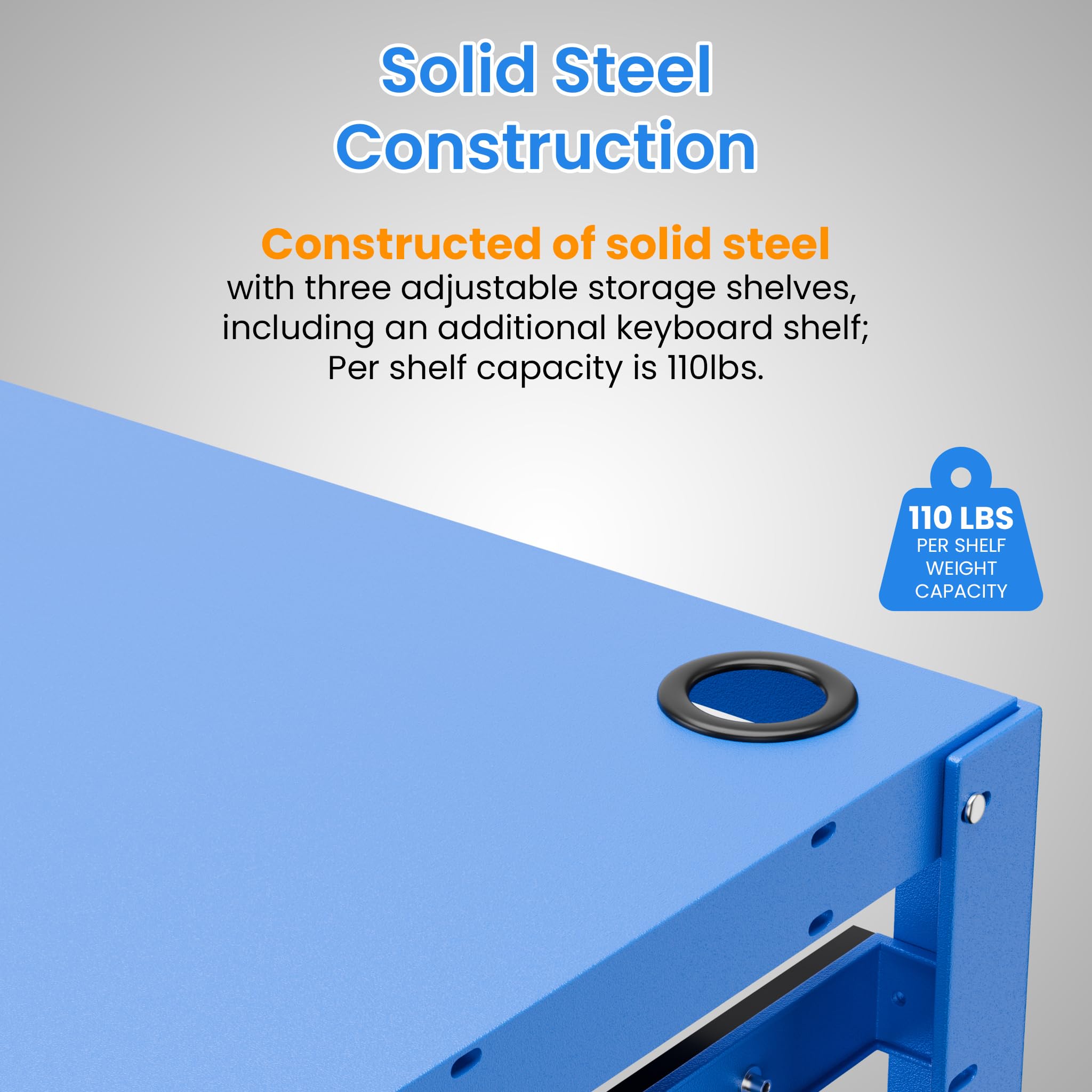 Rolling AV Presentation Cart Stand with Power Strip - Adjustable Shelves, 4 Casters & 16.5ft Cord - Mobile Media Cart for Classrooms, Offices & Events - 3 Outlets, Metal Construction (Blue)