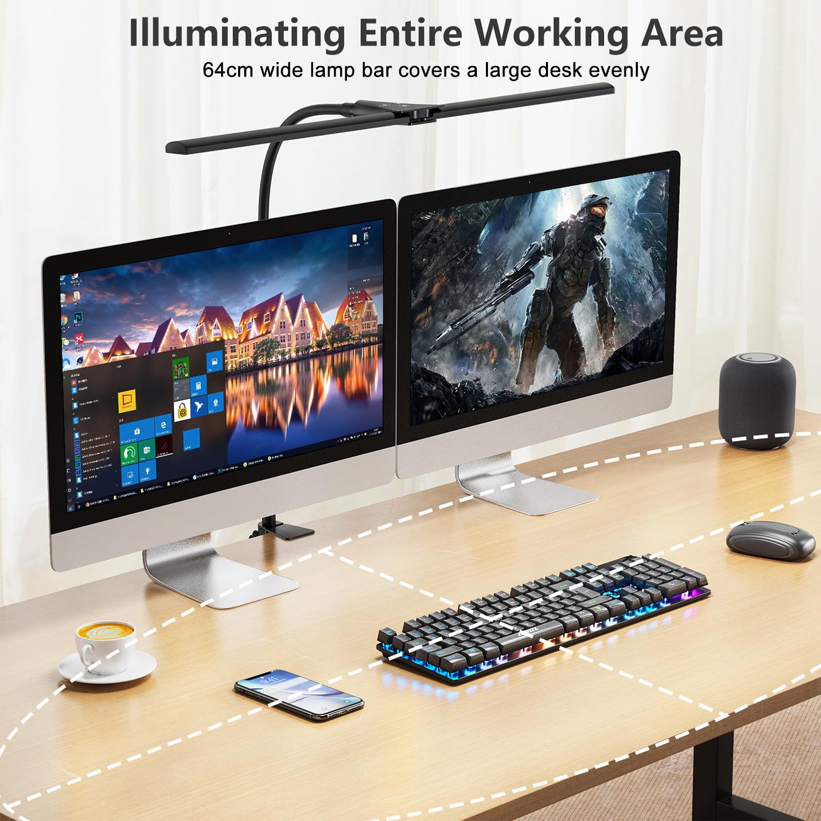 EppieBasic Adjustable Double Head LED Desk Lamp with Clamp - Eye-Caring Home Office Lighting, Flexible Gooseneck & Dimmable Monitor Light for Computer Work, Reading, and Study
