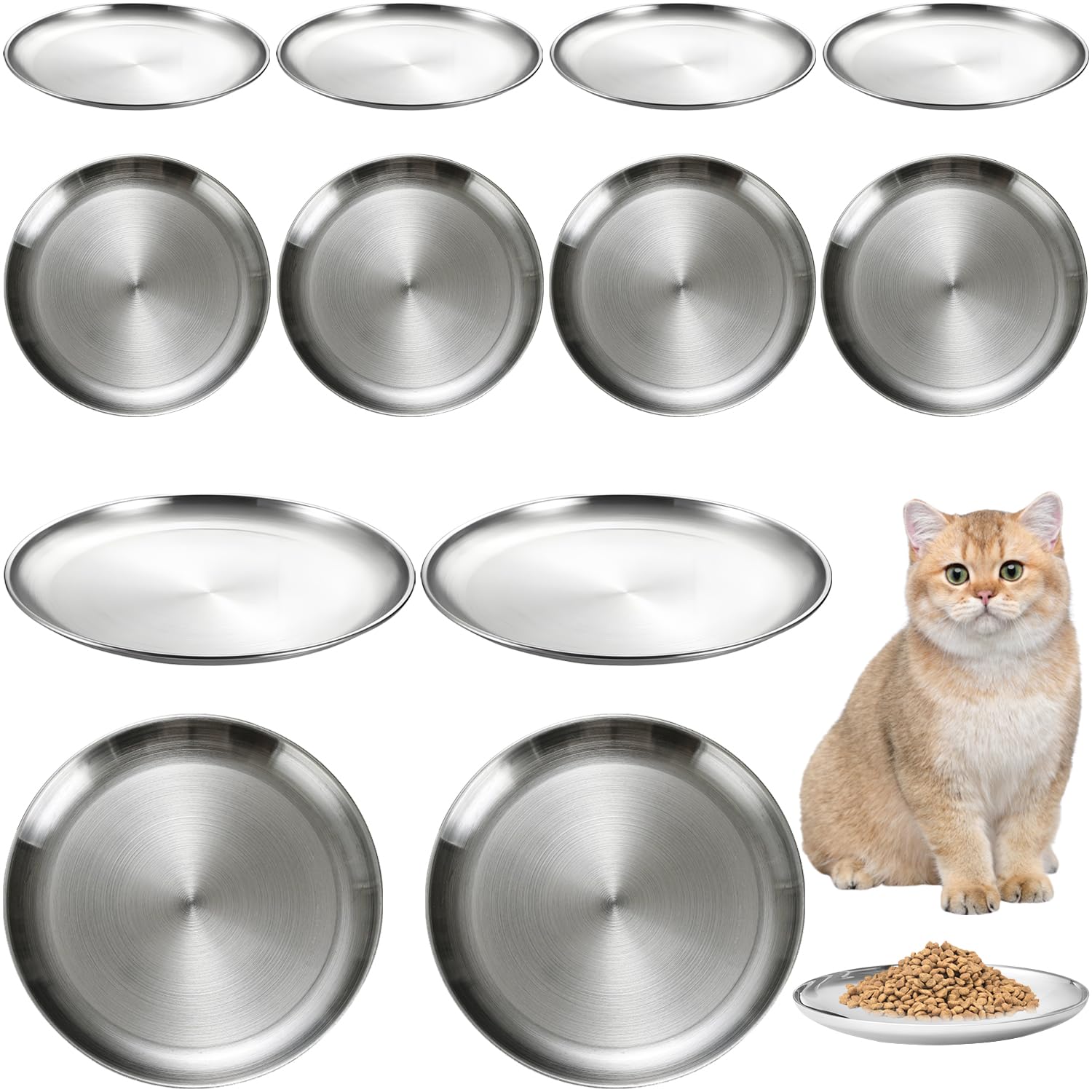 12-Piece Stainless Steel Cat Food Bowls Set - 6.7 Inch Small Shallow Wet Food Dishes for Kittens, Ferrets & Stray Cats - Durable Pet Feeding Bowls for Home, Travel & Outdoor Use