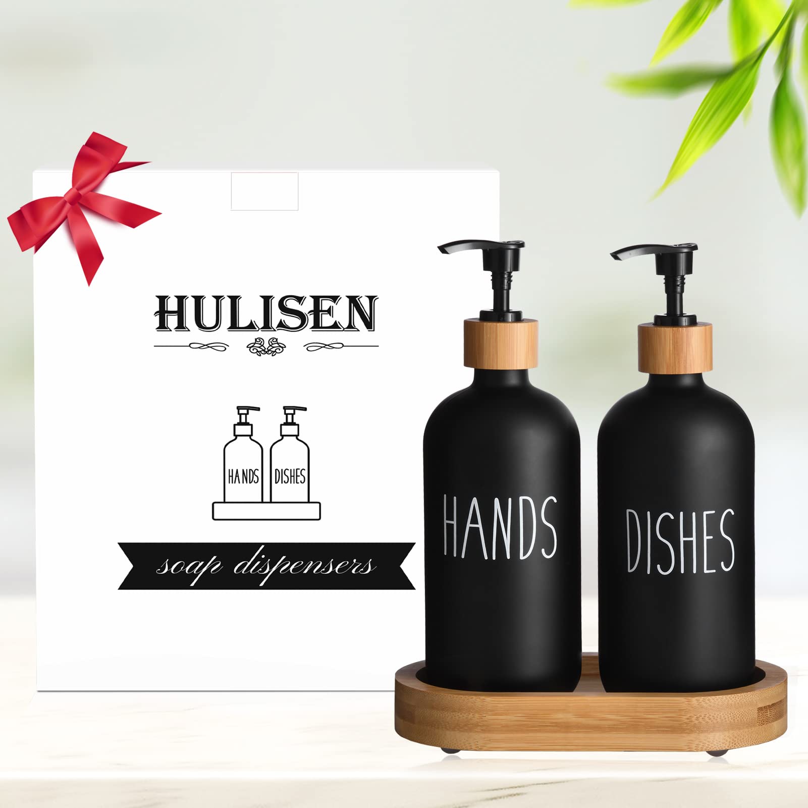 HULISEN Wooden Dish Soap Dispenser Set with Tall Tray - Matte Black Hand & Dish Soap Pump for Kitchen - Modern Farmhouse & Boho Style Home Decor - Perfect for Sink Countertop, Kitchen Island, and Bathroom Organization