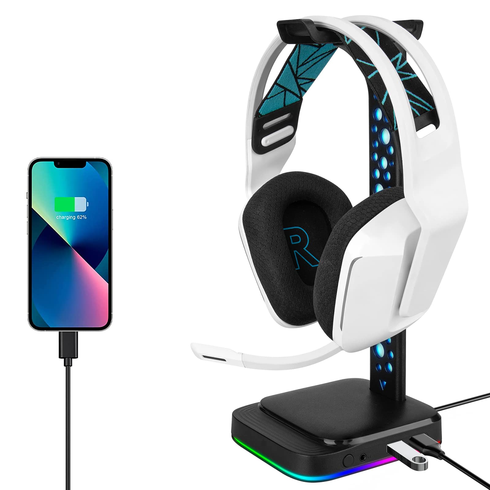 Geekria RGB ABS Headphone Stand for Over-Ear Headphones & Gaming Headsets - Heavy Base Desk Display Holder Compatible with AKG K612, HyperX Cloud II (Black) - Perfect for Gaming Setup & Office Organization